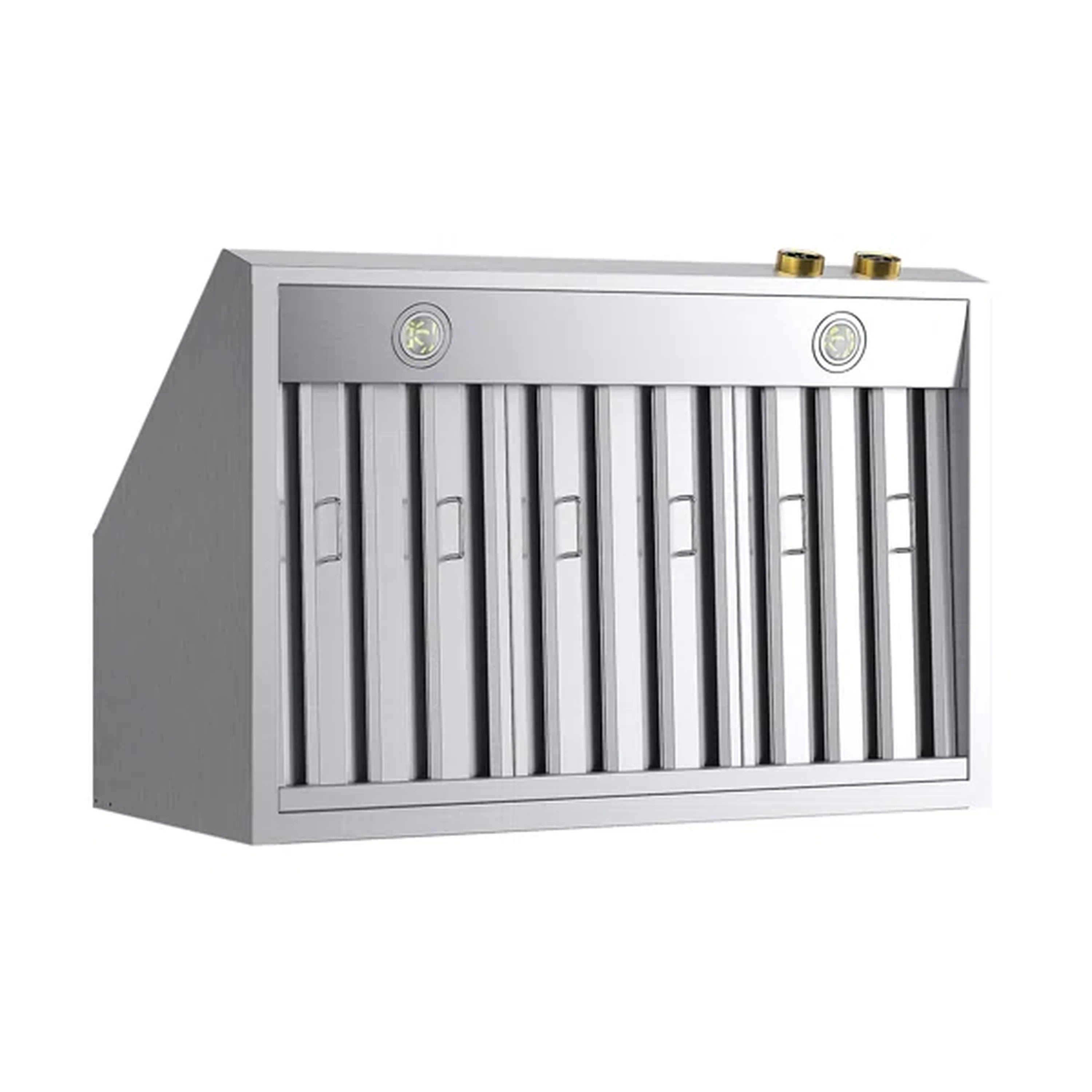 Stainless steel range hood front view with vertical vent slots and circular light caps