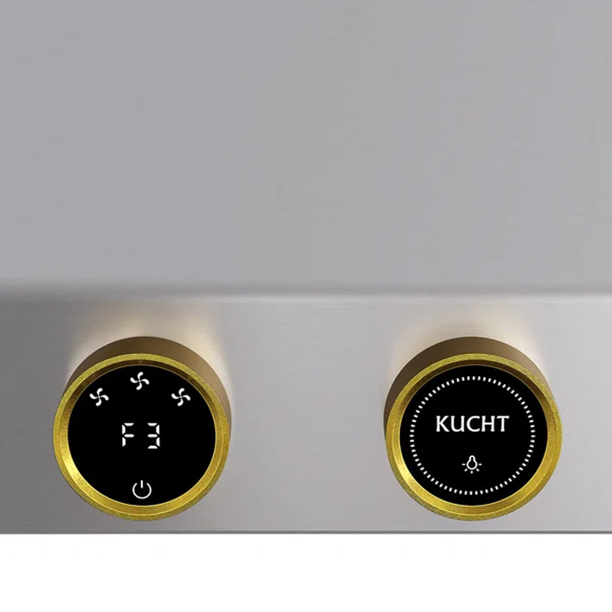 Close-up of range hood controls with gold-ring knobs showing icons and F3 display