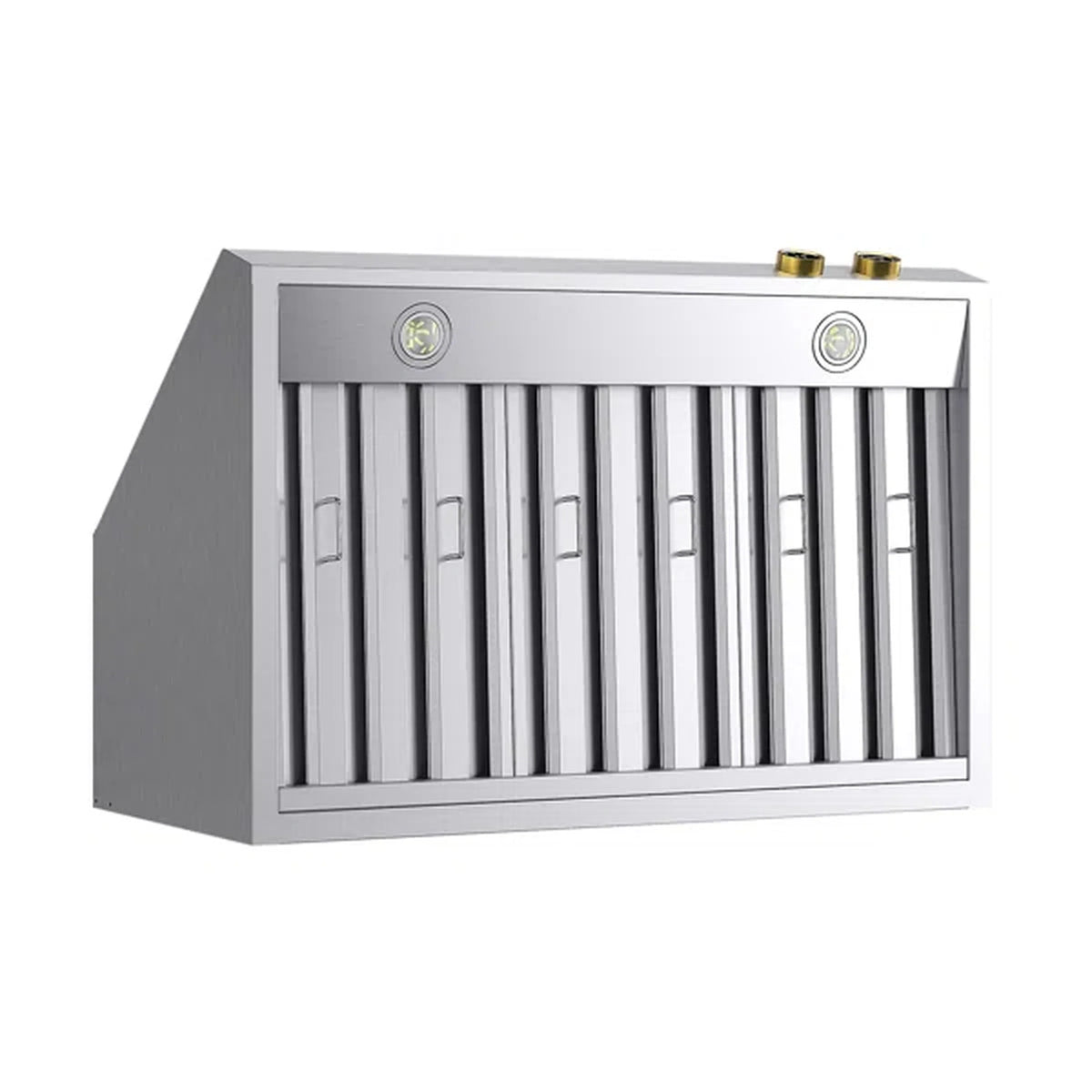 Stainless steel range hood with vent louvers and two gold-topped control dials