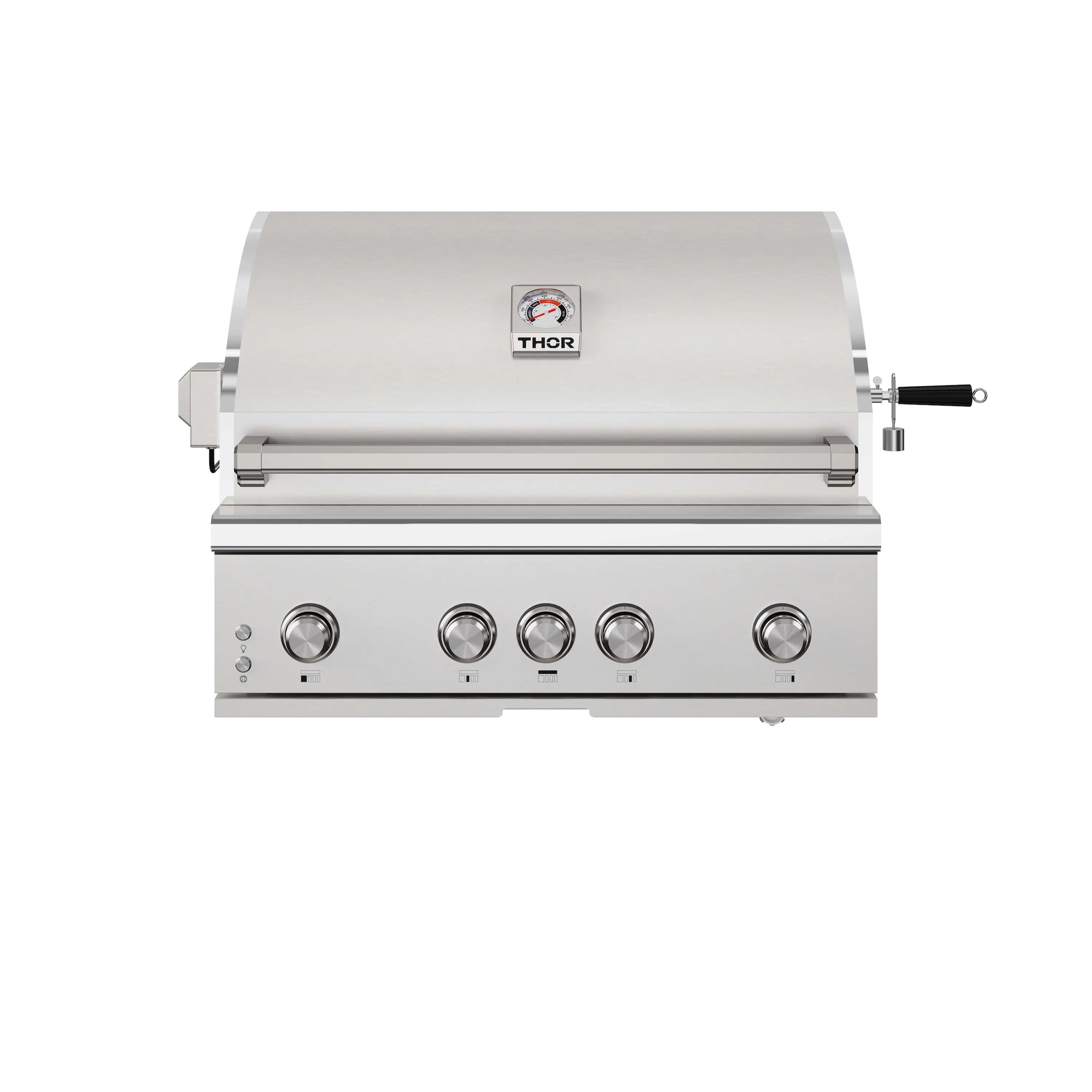 Stainless steel propane gas BBQ grill with front control knobs and closed lid