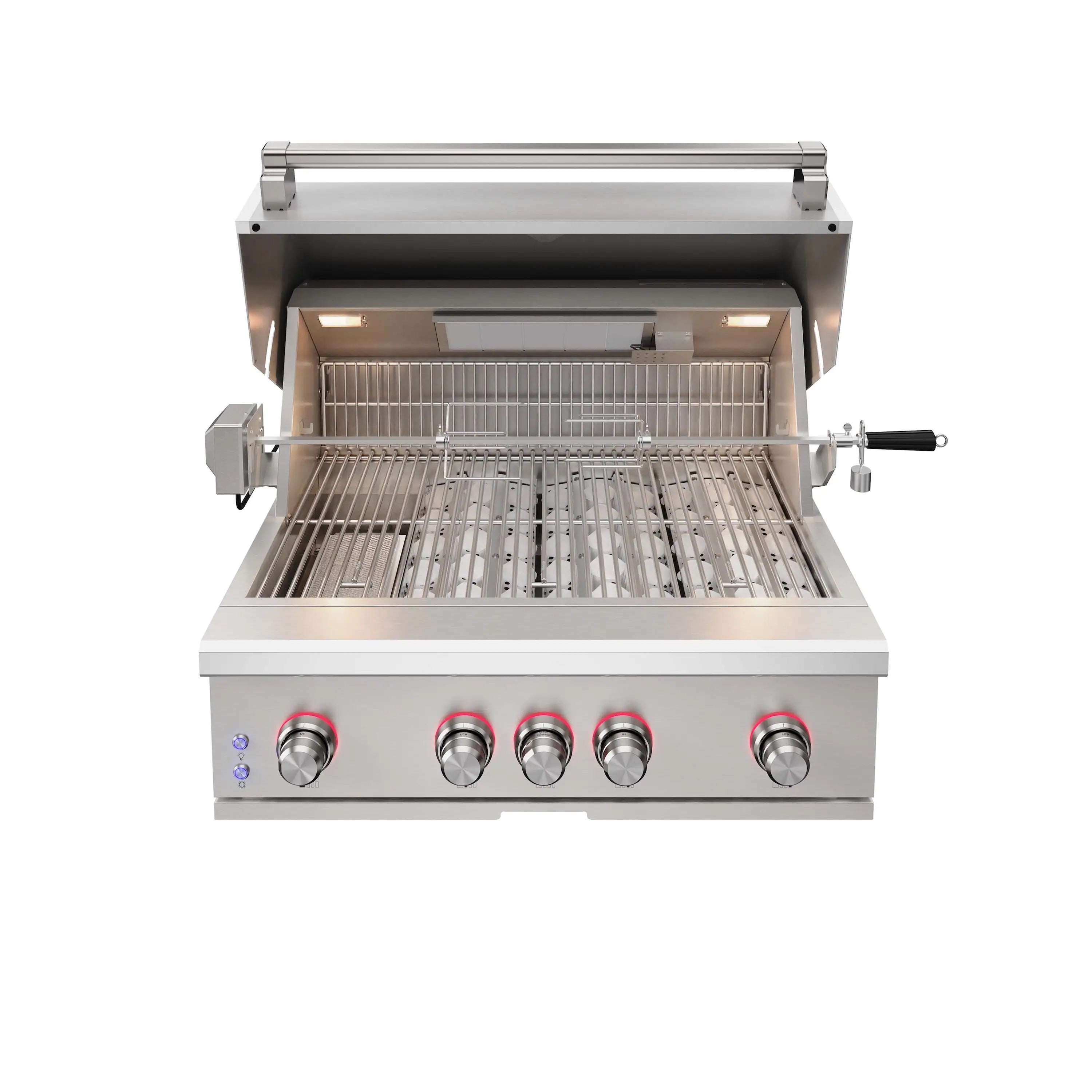 Stainless steel propane BBQ grill with open lid, warming rack, and cooking grates