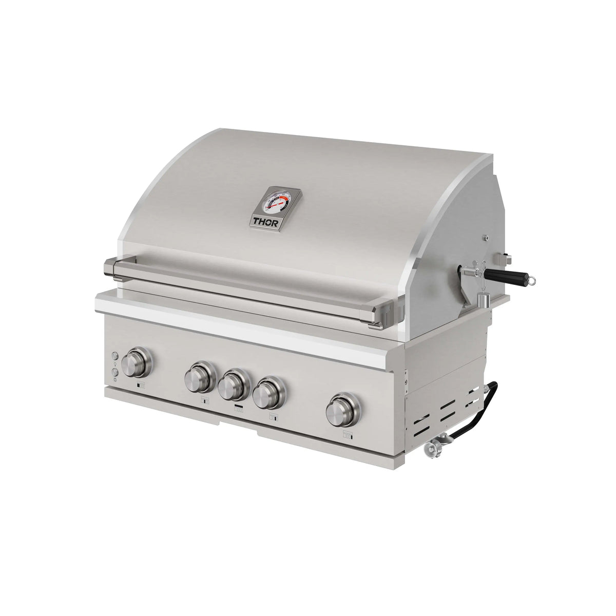 Stainless steel propane gas BBQ grill with side-mounted controls and closed lid