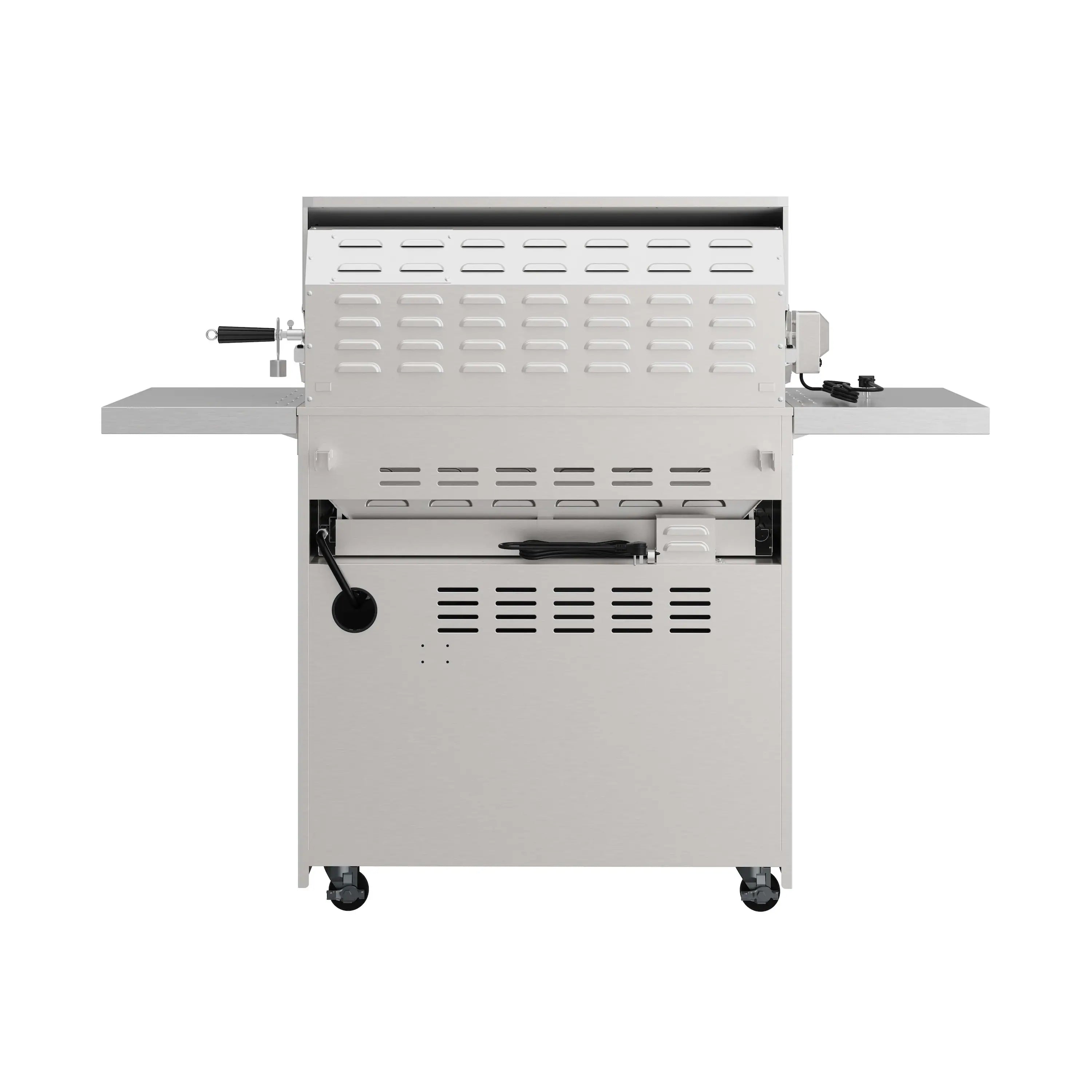 Rear view of stainless gas BBQ grill with vented panel and mounted grease tray