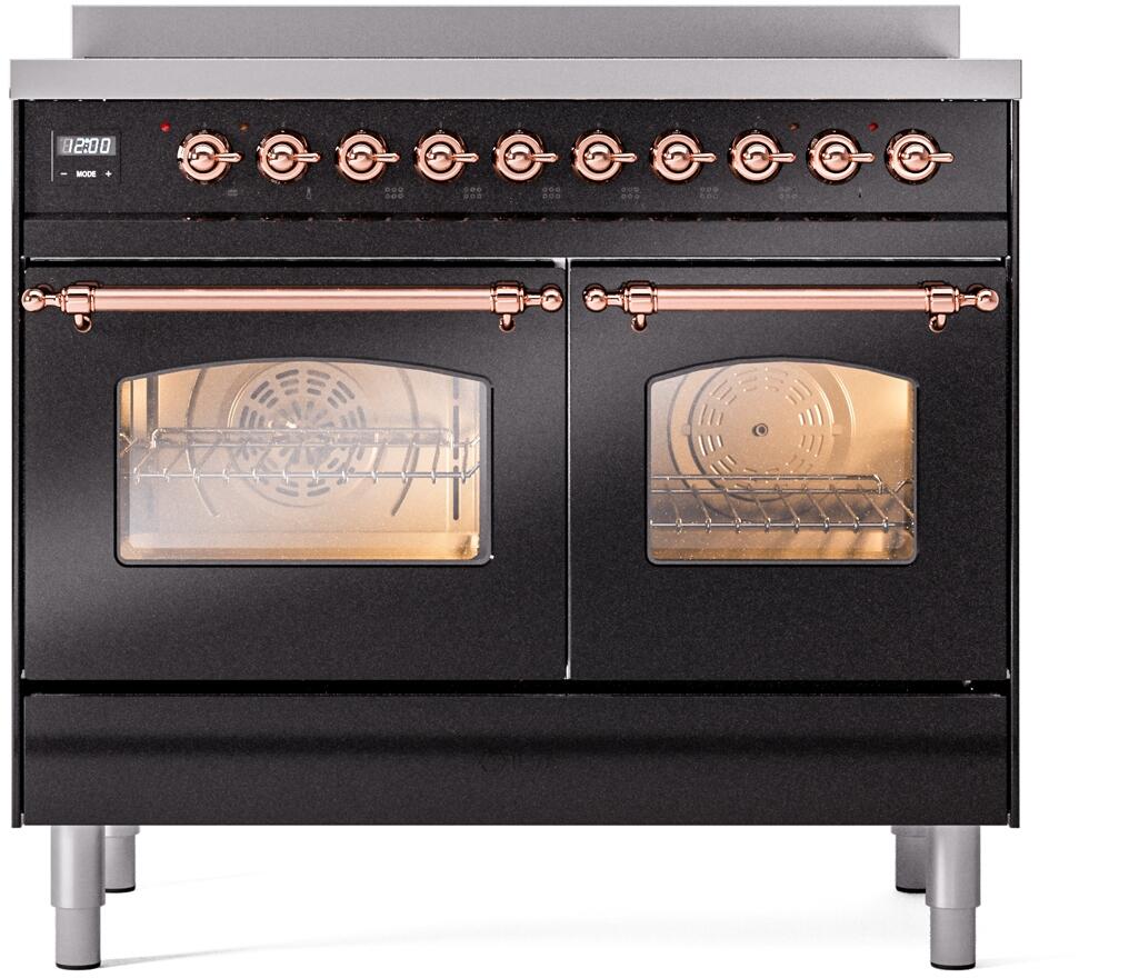 Freestanding induction range, glossy black with copper trim, dual oven doors and knobs