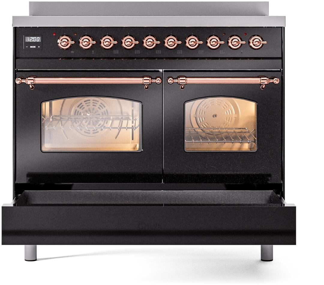 Freestanding electric induction range with both oven doors closed, glossy black, copper trim.