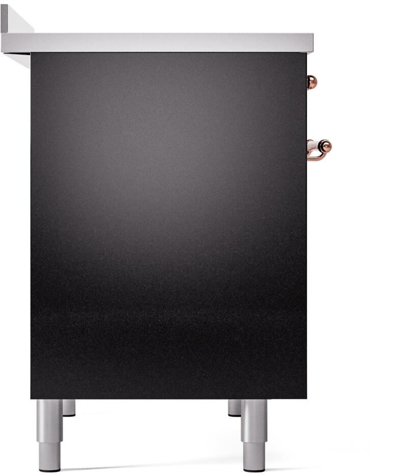 Glossy black range side panel with copper trim detail and silver leveling feet.