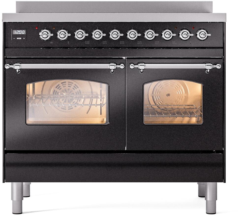 Glossy black freestanding induction range with chrome trim, dual glass oven doors and knob panel