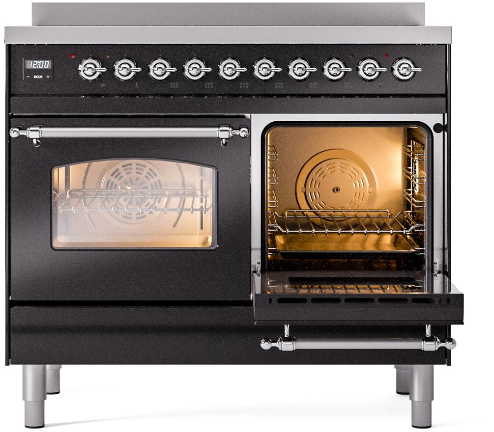 Glossy black freestanding induction range with right oven door open and control panel