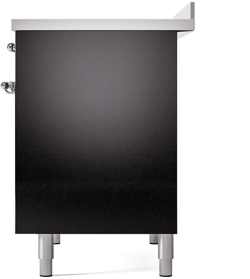 Black freestanding induction range rear panel with metal fittings and leveling feet