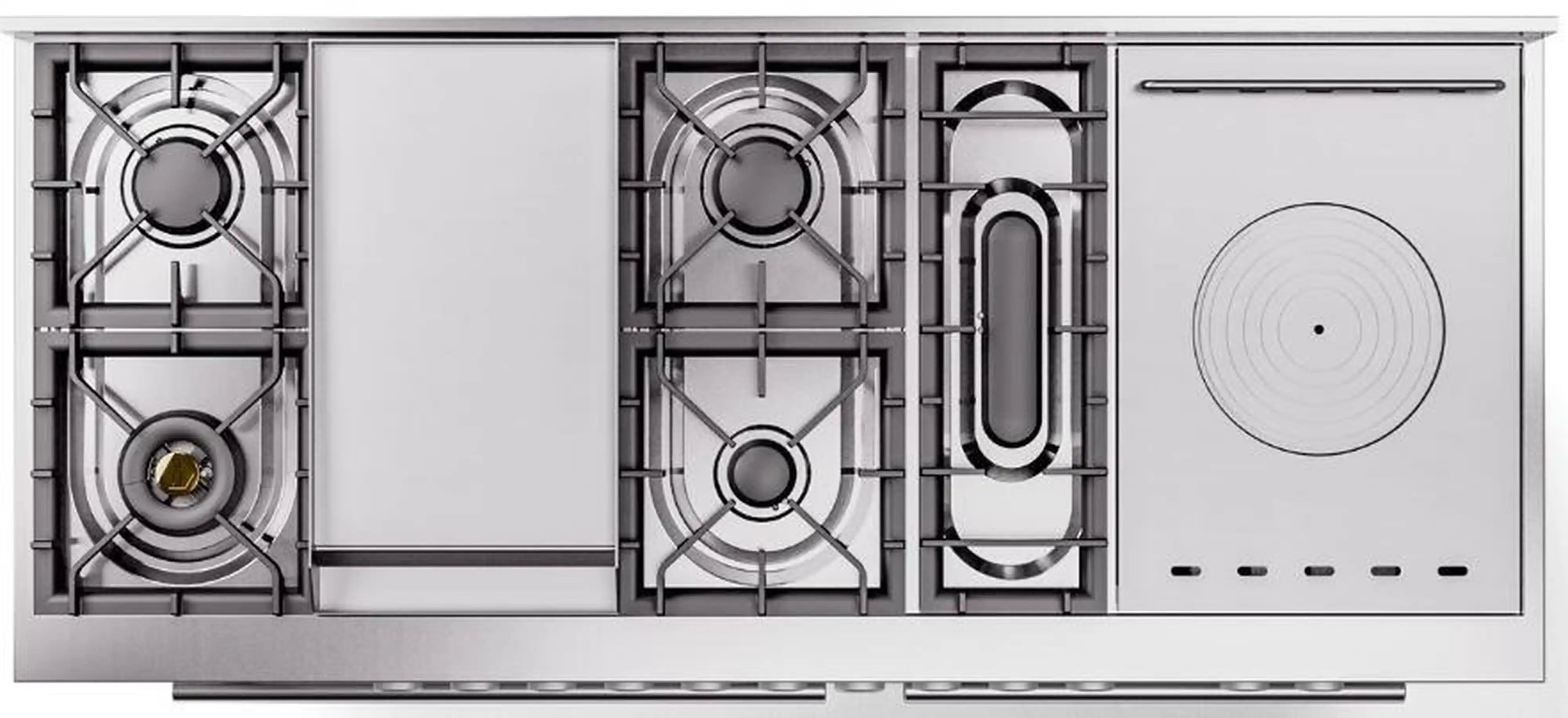 Dual fuel gas range cooktop layout with burners, French top, and side controls