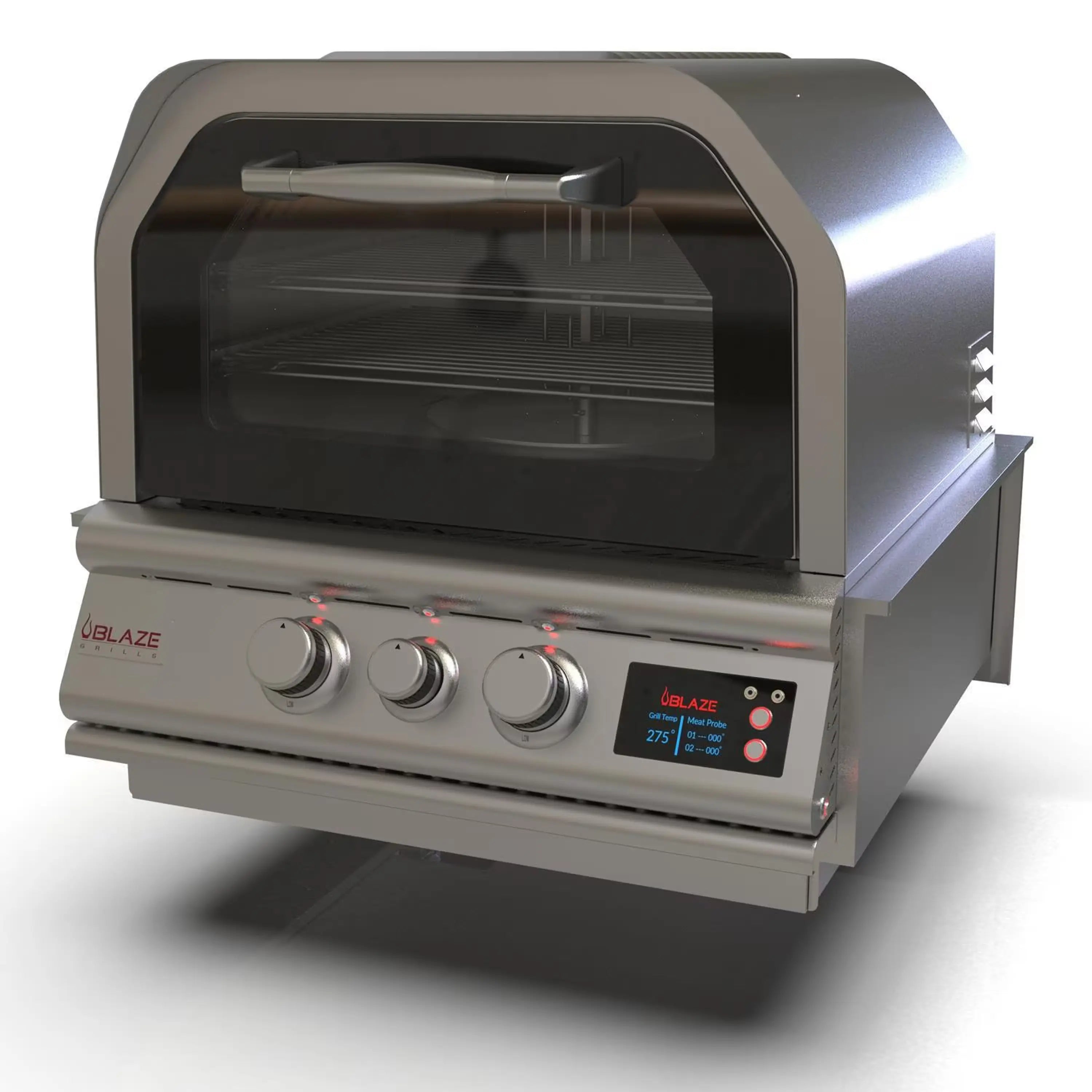 Stainless steel countertop pizza oven with closed glass door and control knobs