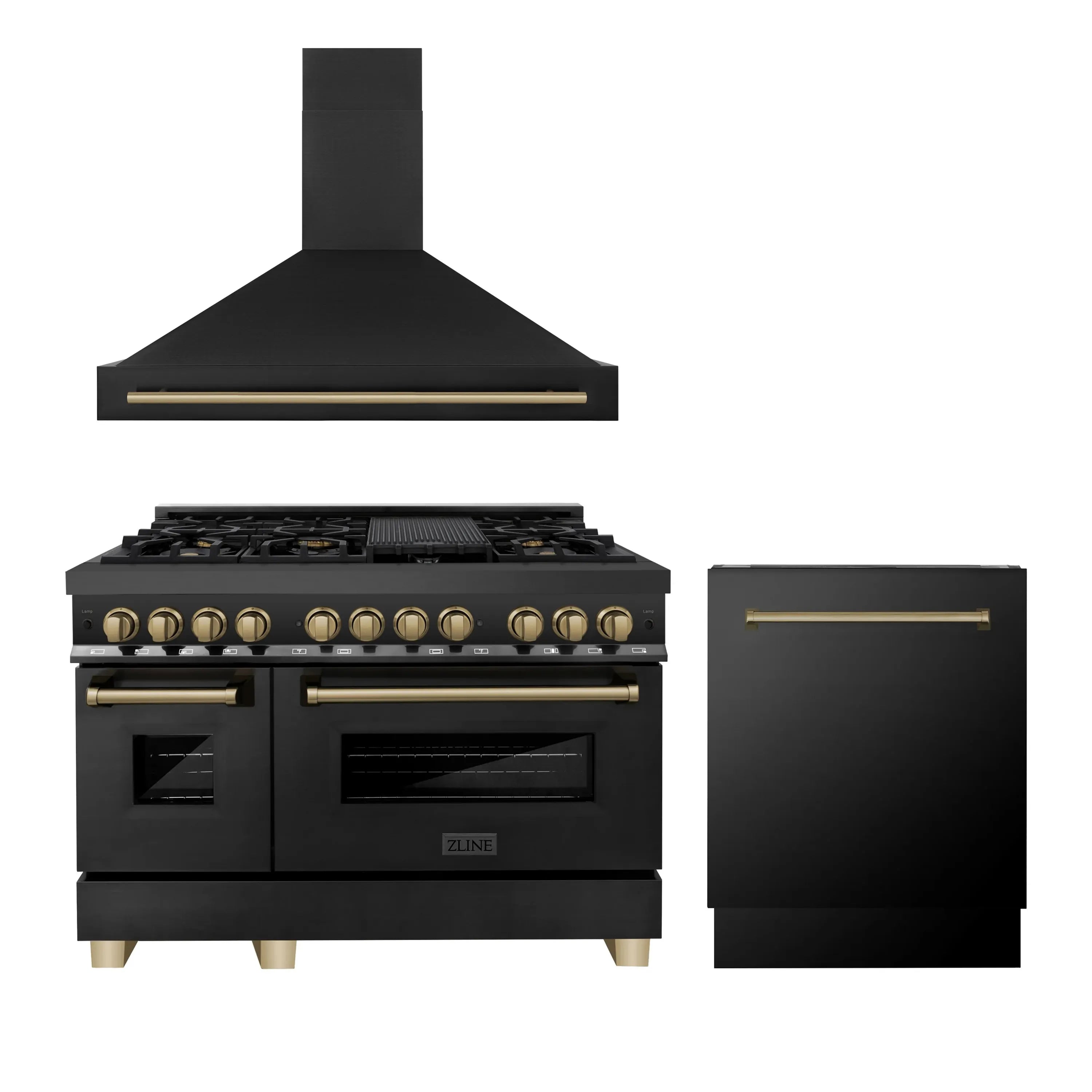 Black range with wall hood plus matching black dishwasher cabinet