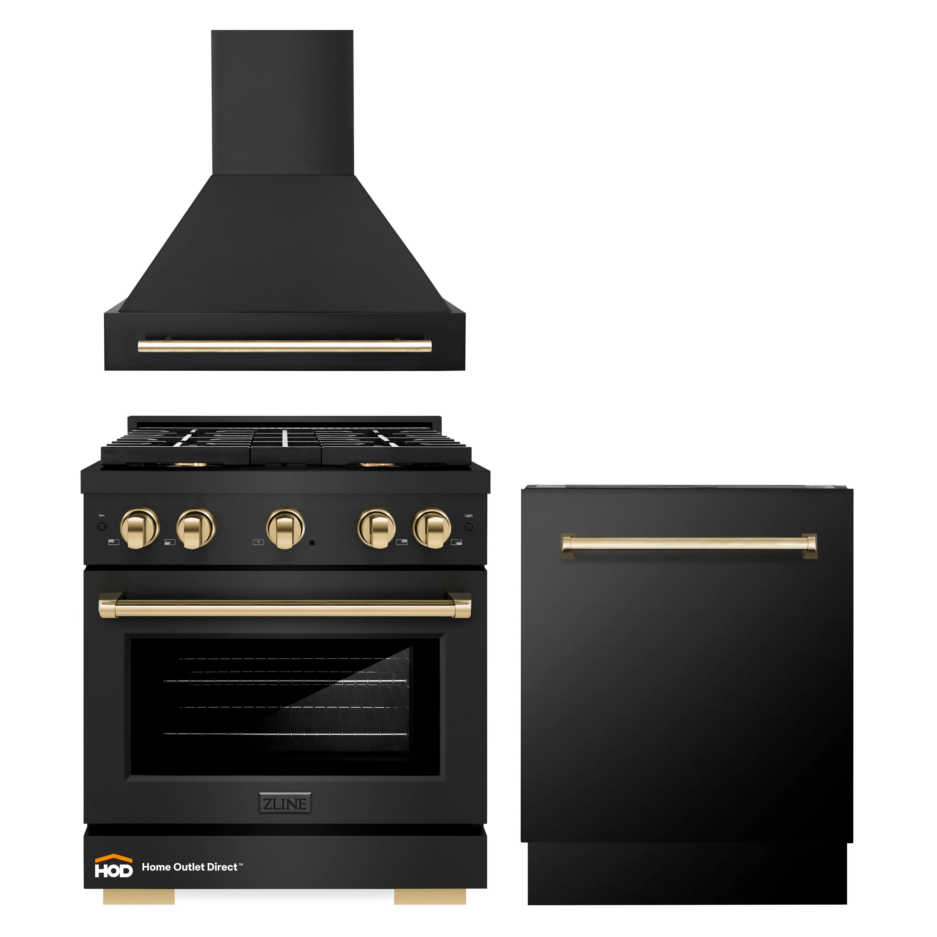 Black stainless 3-piece appliance package with gold trim: gas range, hood, dishwasher