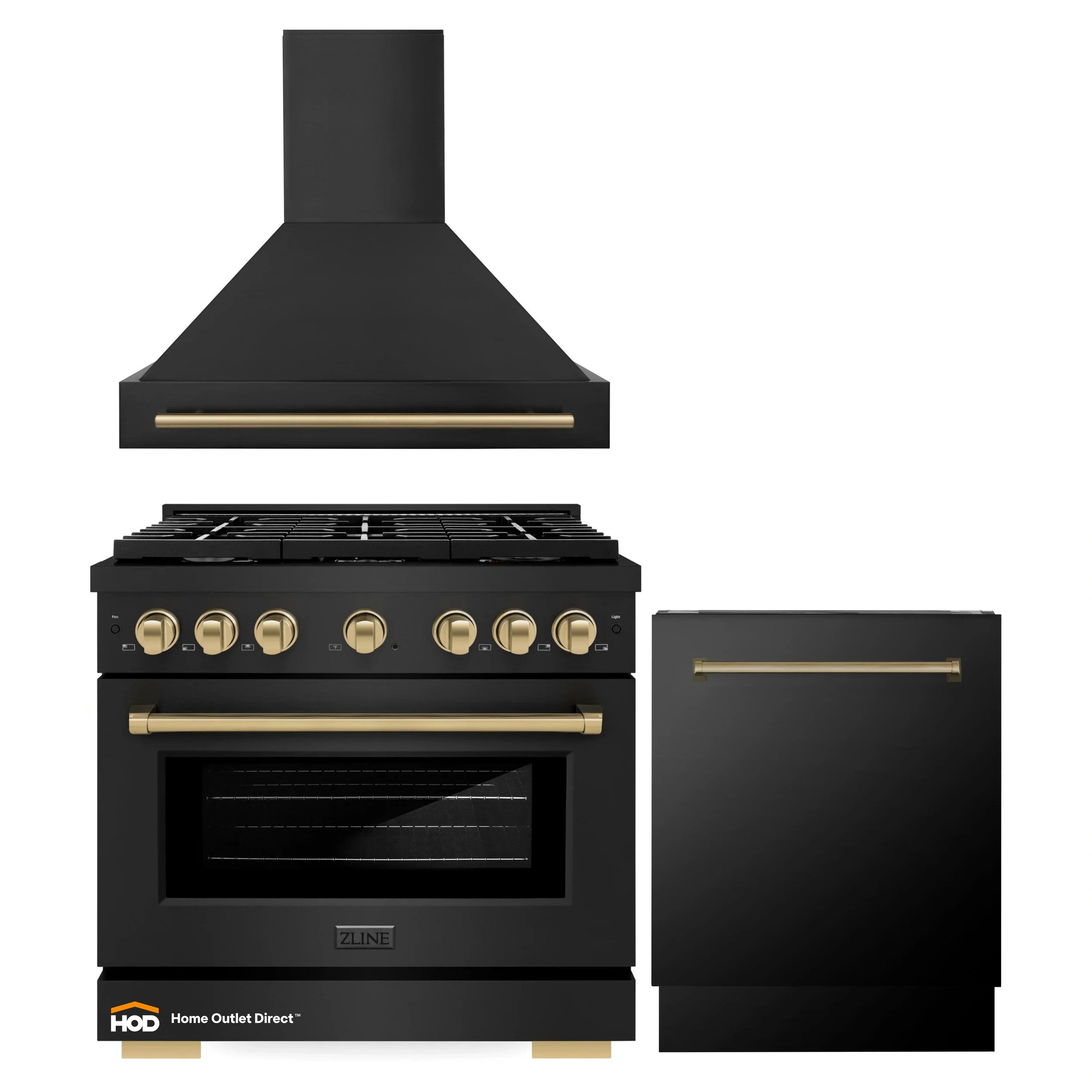 3-piece appliance set: black gas range, wall hood, and tall dishwasher with bronze trim