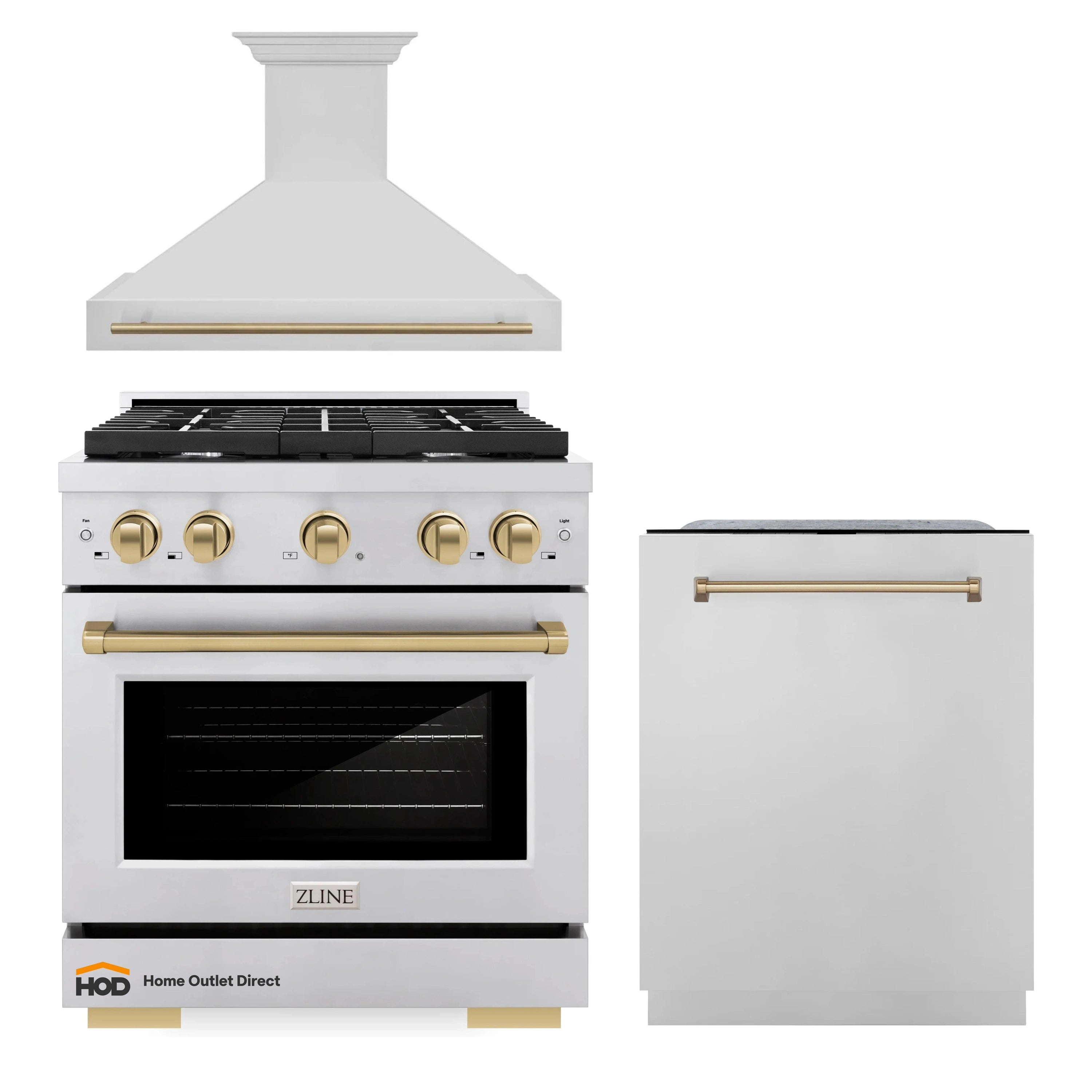 White gas range with gold knobs and matching dishwasher door with gold trim