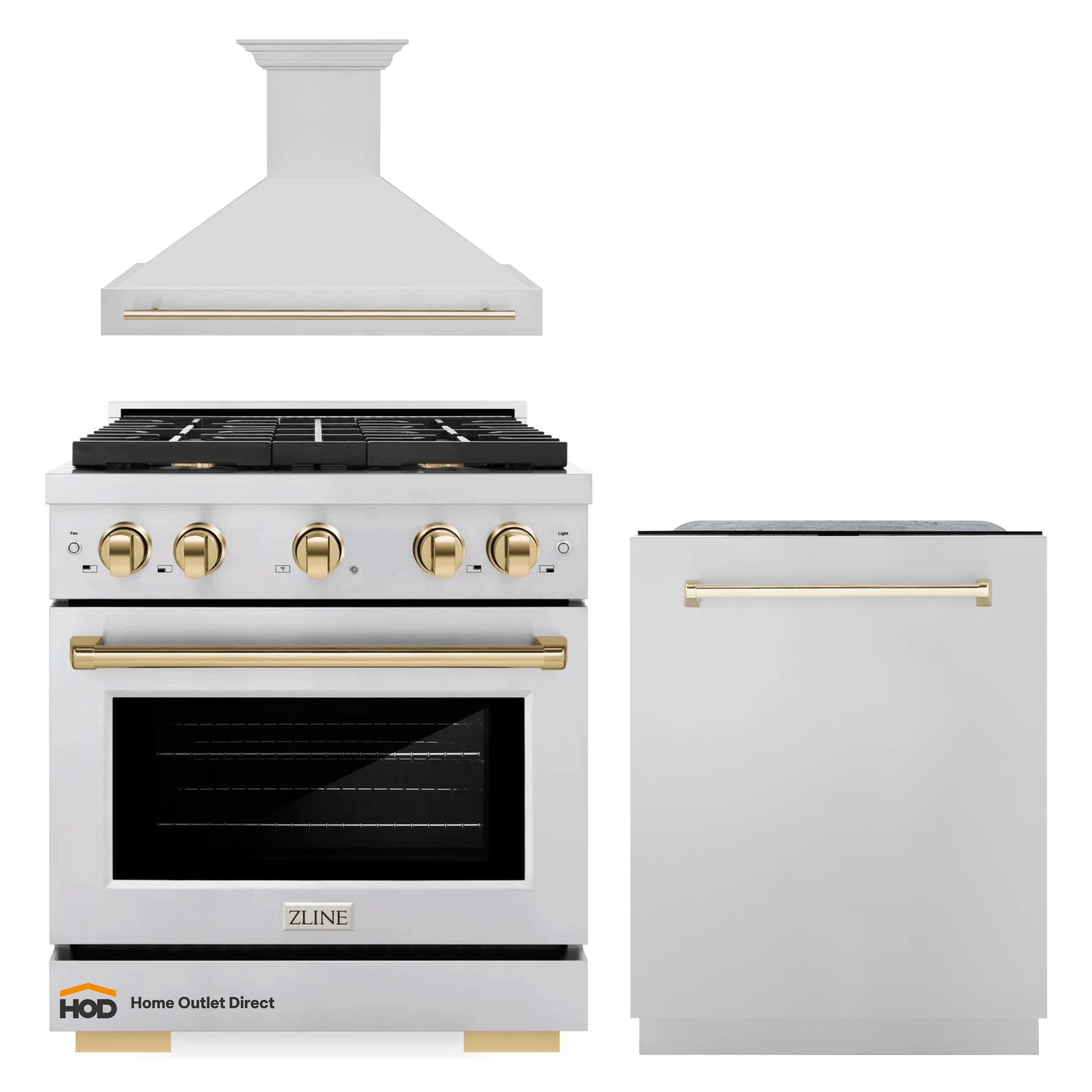 White gas range with gold-trimmed oven door and black cooktop; matching dishwasher