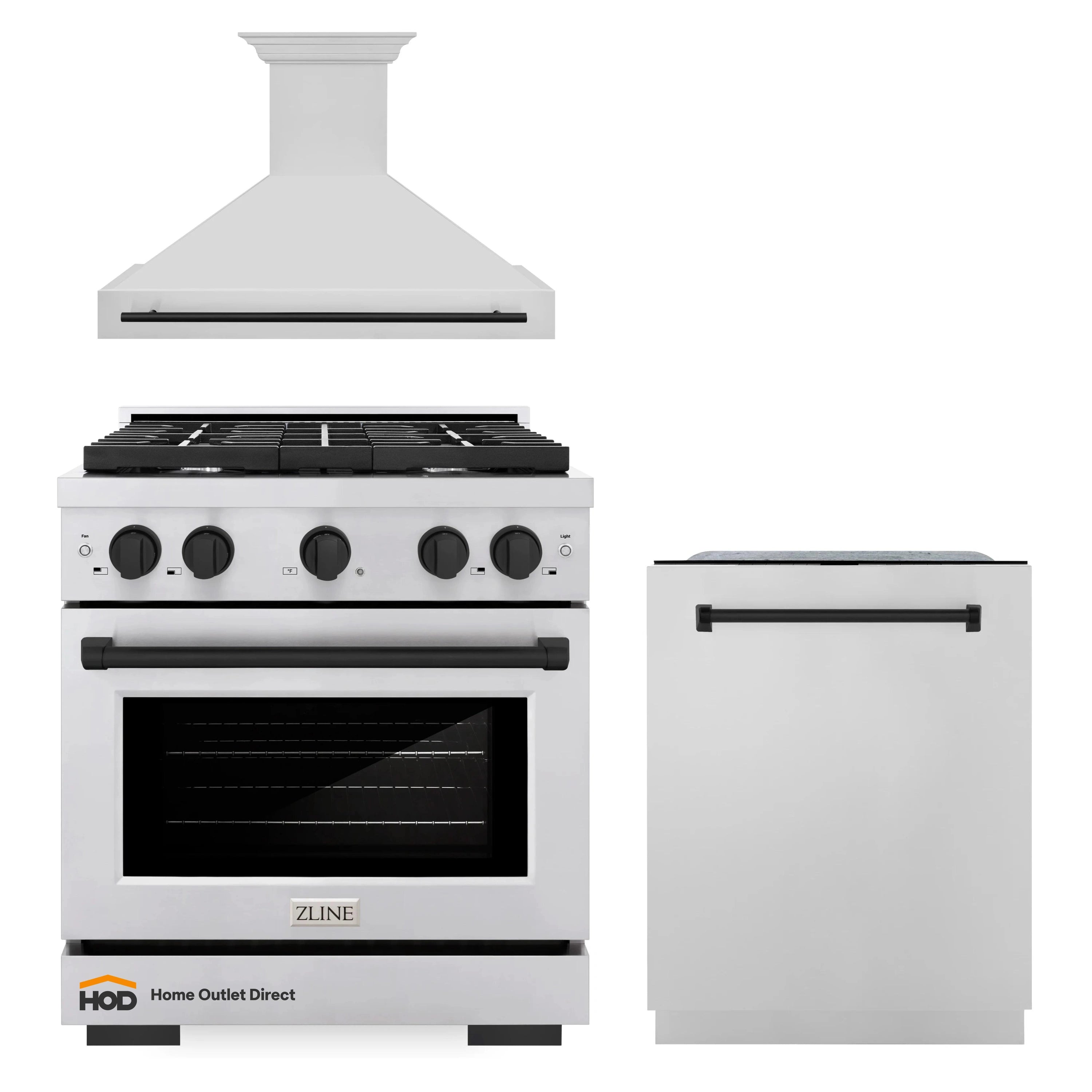 3-piece appliance set: gas range with wall hood, and a white dishwasher door