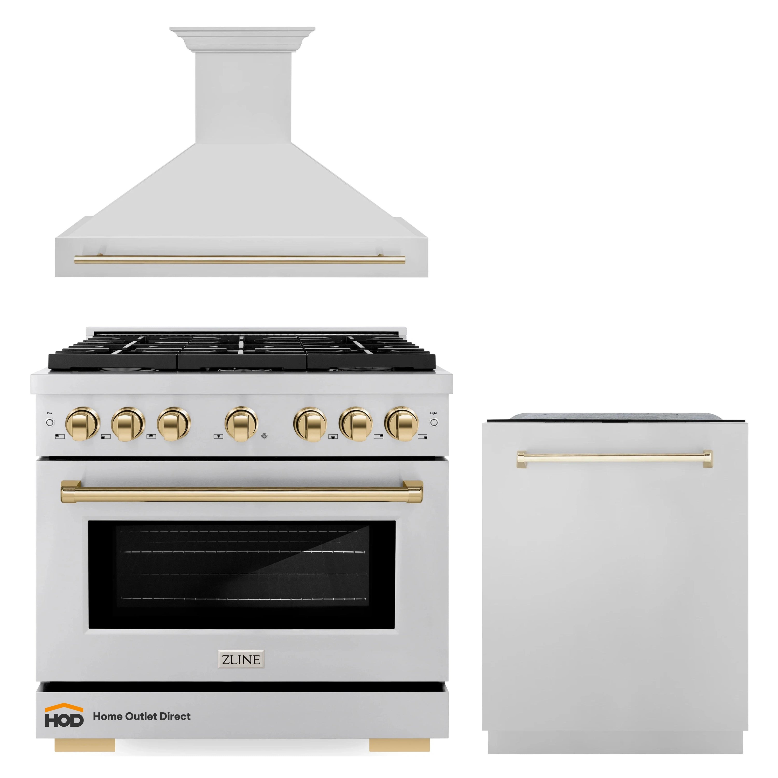 Stainless and white appliance package: gas range with gold accents, wall hood, tall dishwasher