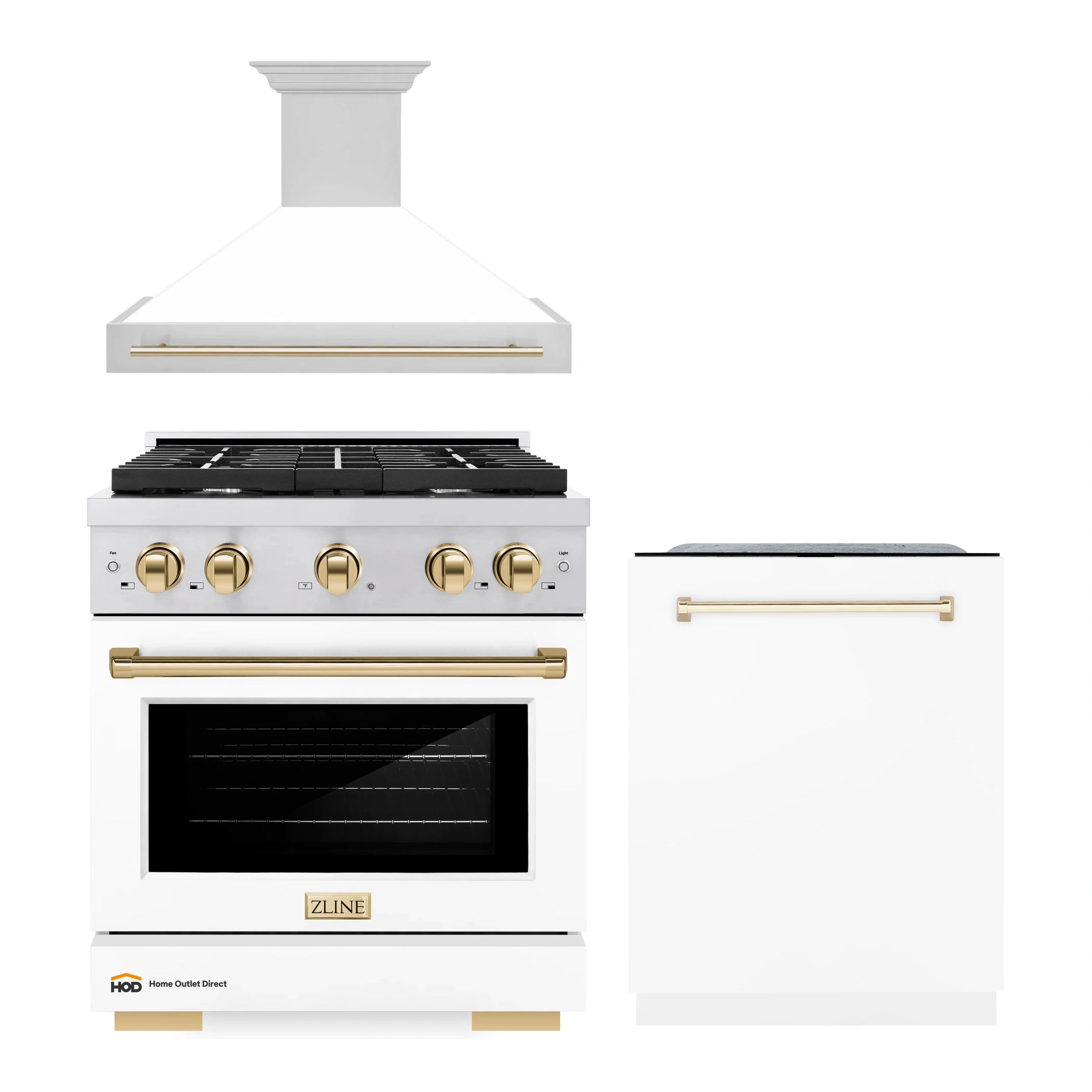 White gas range with matching wall hood and dishwasher with gold trim