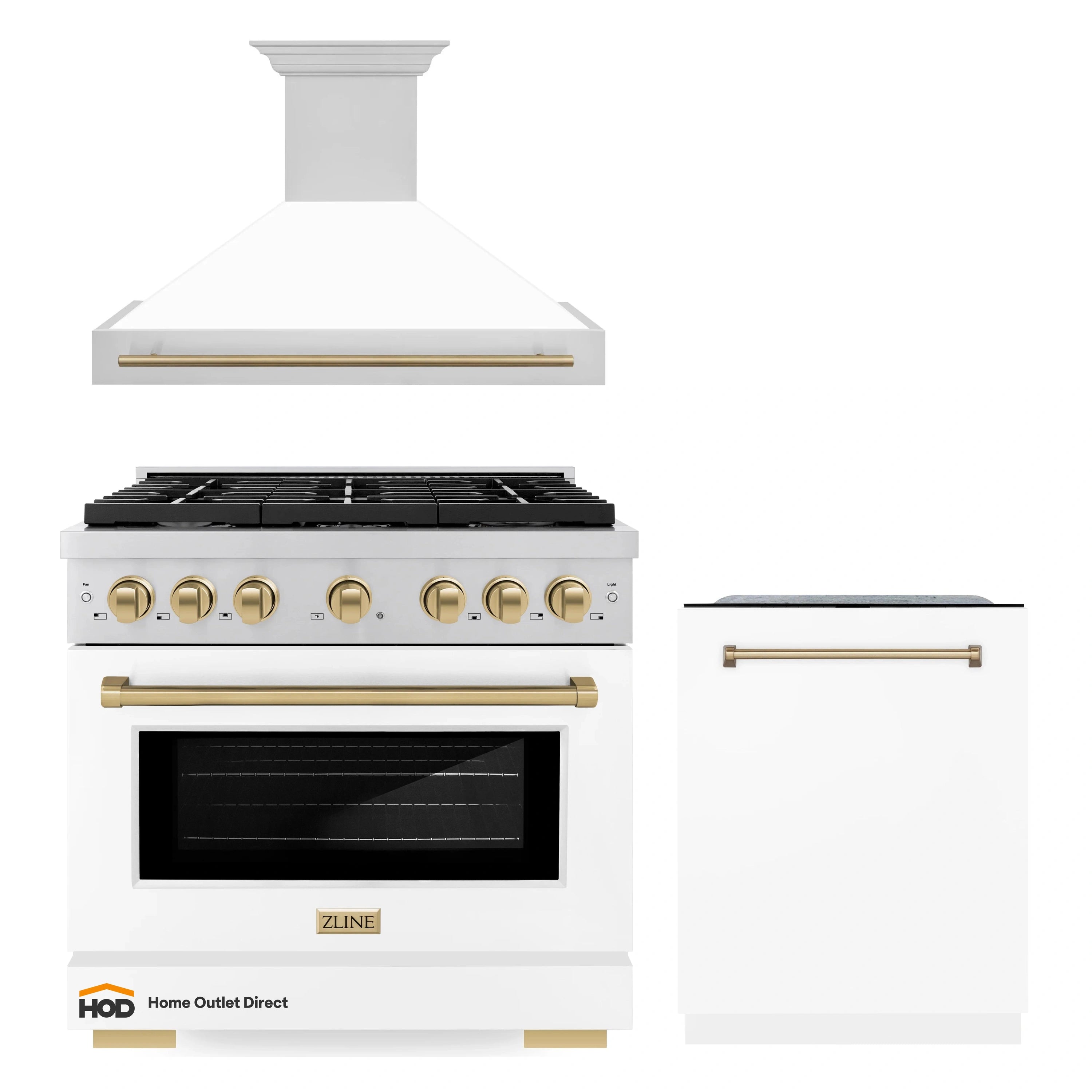 White gas range with black grates and oven, plus wall hood and dishwasher panel