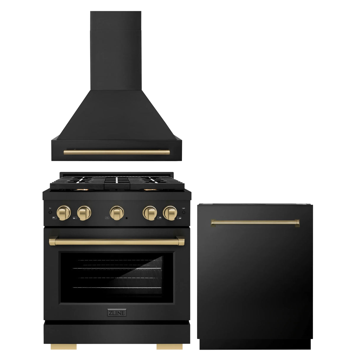 ZLINE Autograph Edition 3-Piece Appliance Package - 30-Inch Gas Range, Wall Mounted Range Hood, & 24-Inch Tall Tub Dishwasher in Black Stainless Steel with Champagne Bronze Trim (3AKP-SGRBRHDWV30-CB)