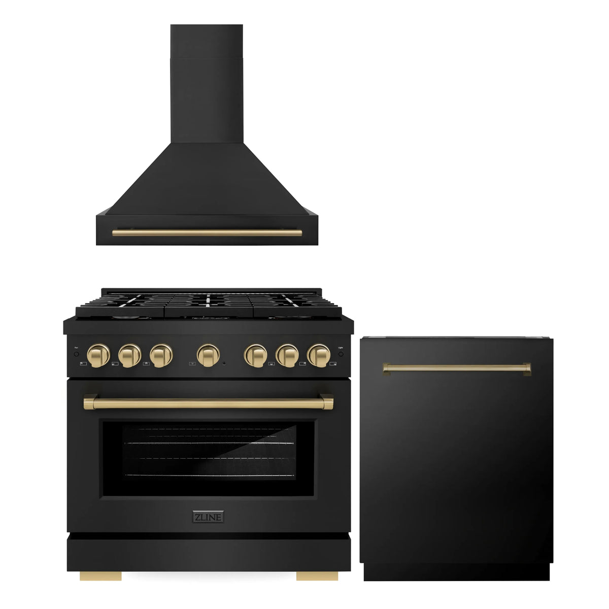 ZLINE Autograph Edition 3-Piece Appliance Package - 36-Inch Gas Range, Wall Mounted Range Hood, & 24-Inch Tall Tub Dishwasher in Black Stainless Steel with Champagne Bronze Trim (3AKP-SGRBRHDWV36-CB)