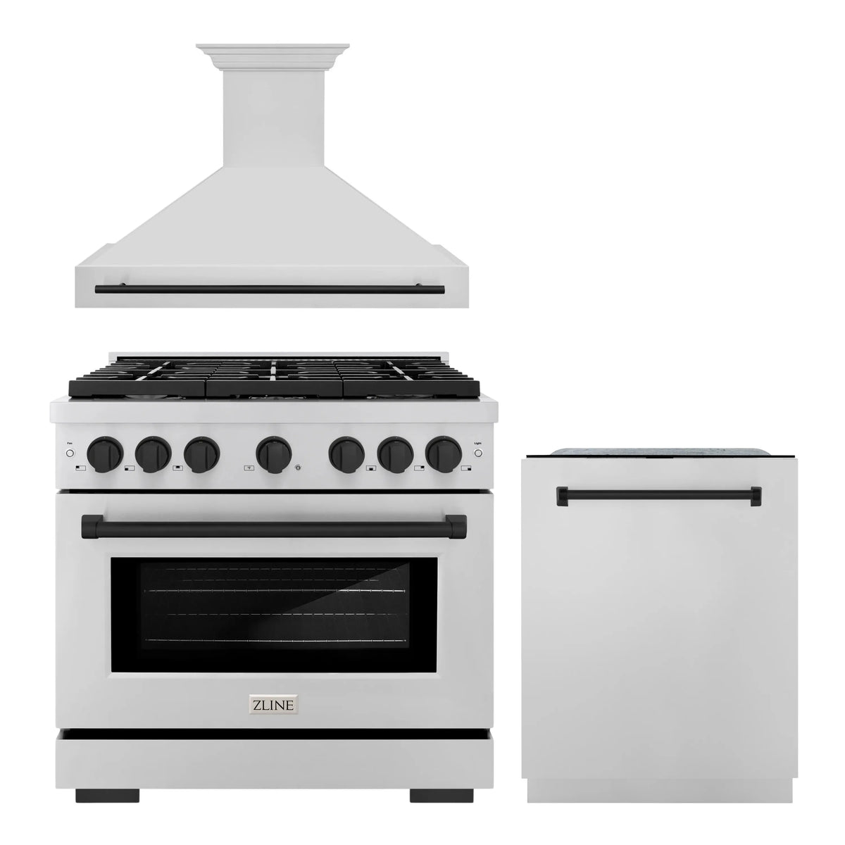 ZLINE Autograph Edition 3-Piece Appliance Package - 36-Inch Gas Range, Wall Mounted Range Hood, & 24-Inch Tall Tub Dishwasher in Stainless Steel with Matte Black Trim (3AKP-SGRRHDWM36-MB)
