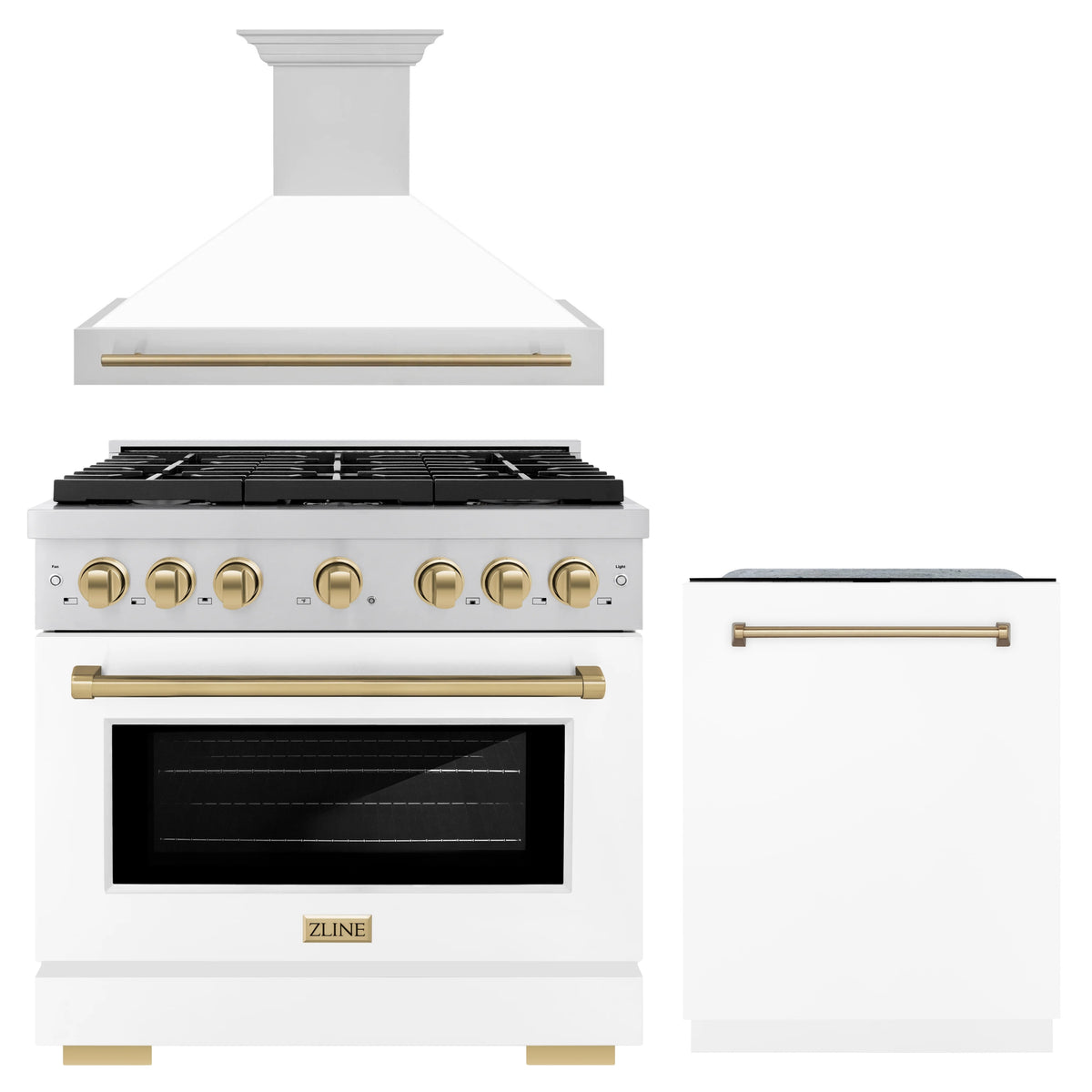 ZLINE Autograph Edition 3-Piece Appliance Package - 36-Inch Gas Range, Wall Mounted Range Hood, & 24-Inch Tall Tub Dishwasher in Stainless Steel and White Door with Champagne Bronze Trim (3AKP-SGRWMRHDWM36-CB)