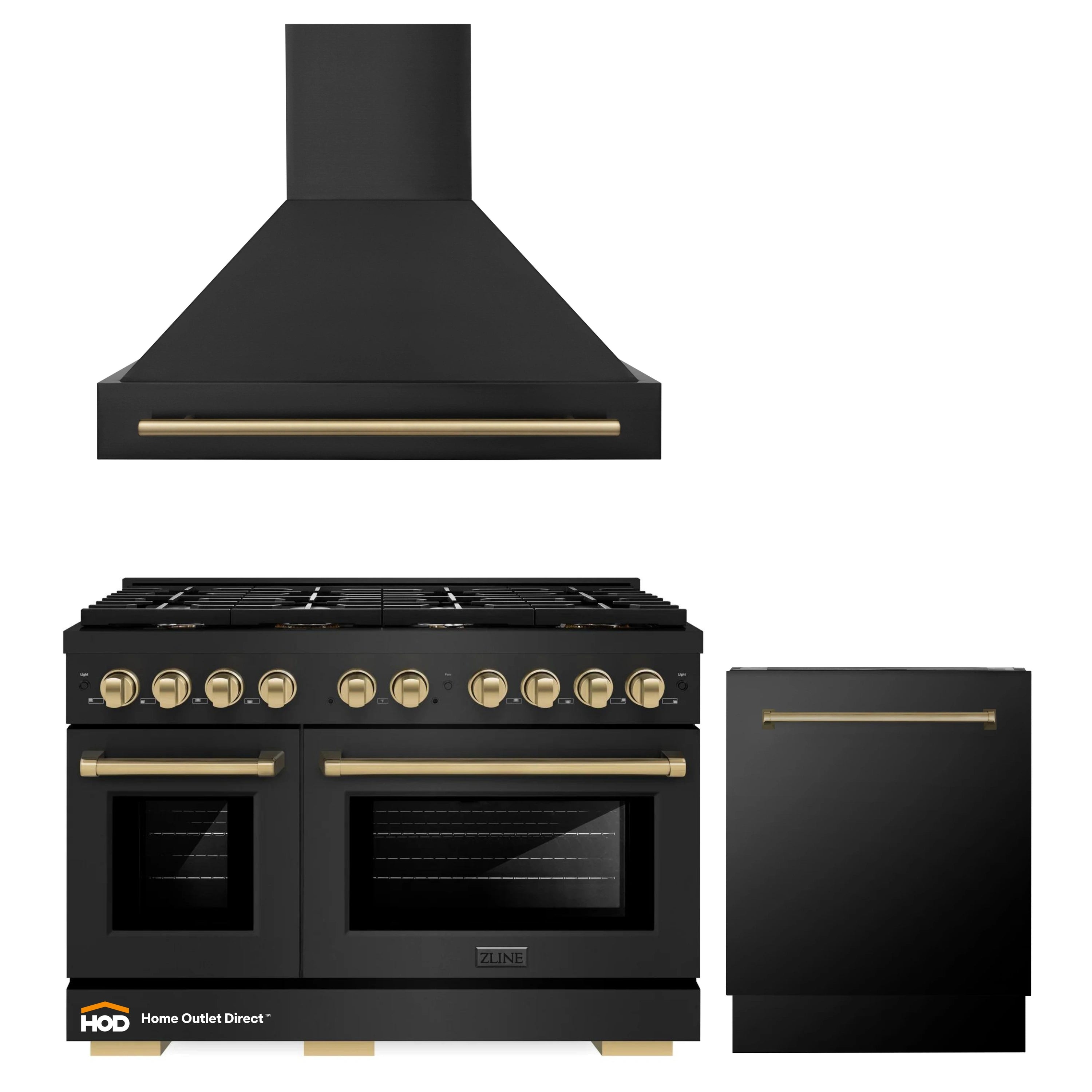 Black gas range with stainless wall hood and black dishwasher with bronze trim