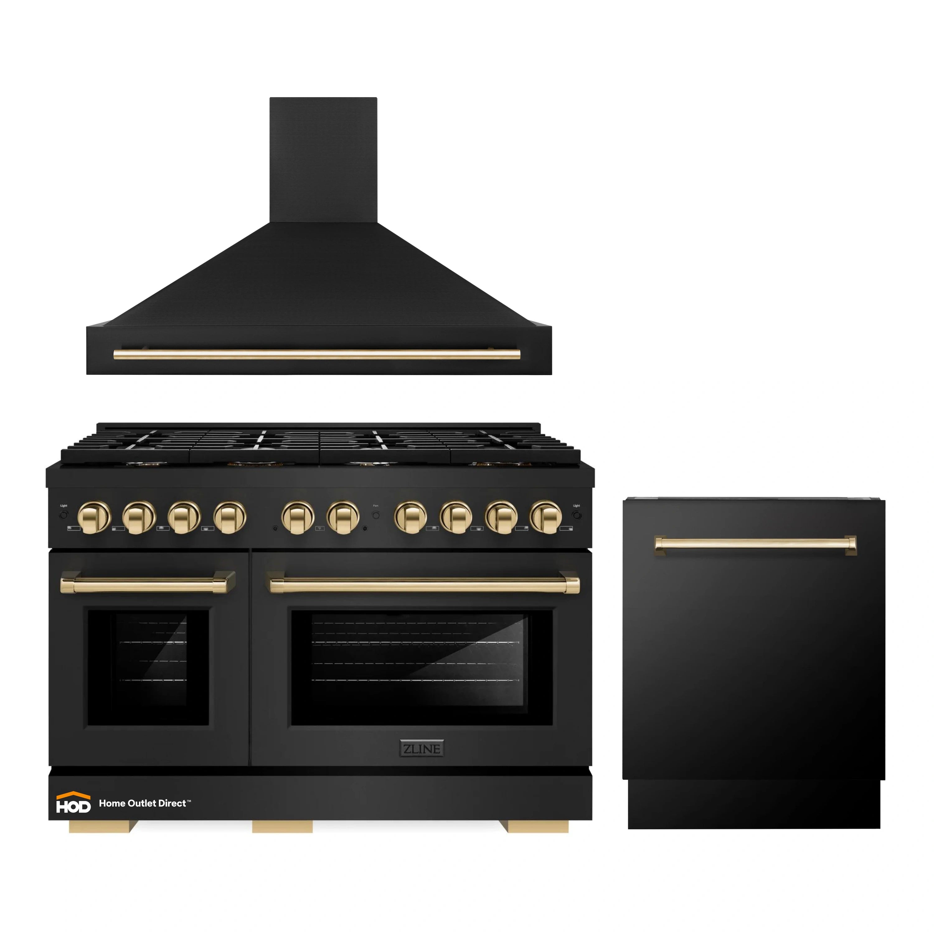 Black gas range with wall hood and matching dishwasher with gold trim