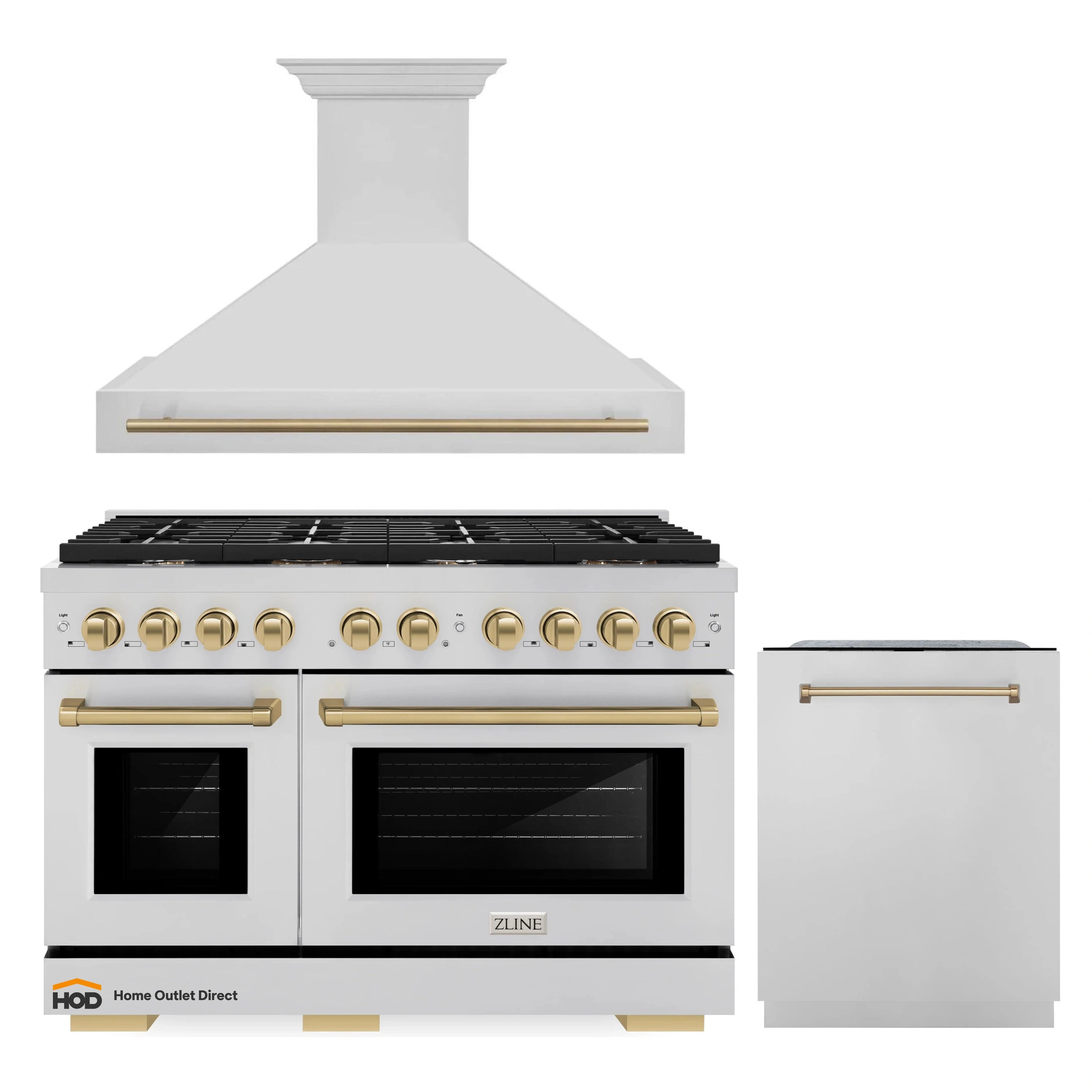 3-piece appliance package showing stainless gas range, wall hood, and tall tub dishwasher