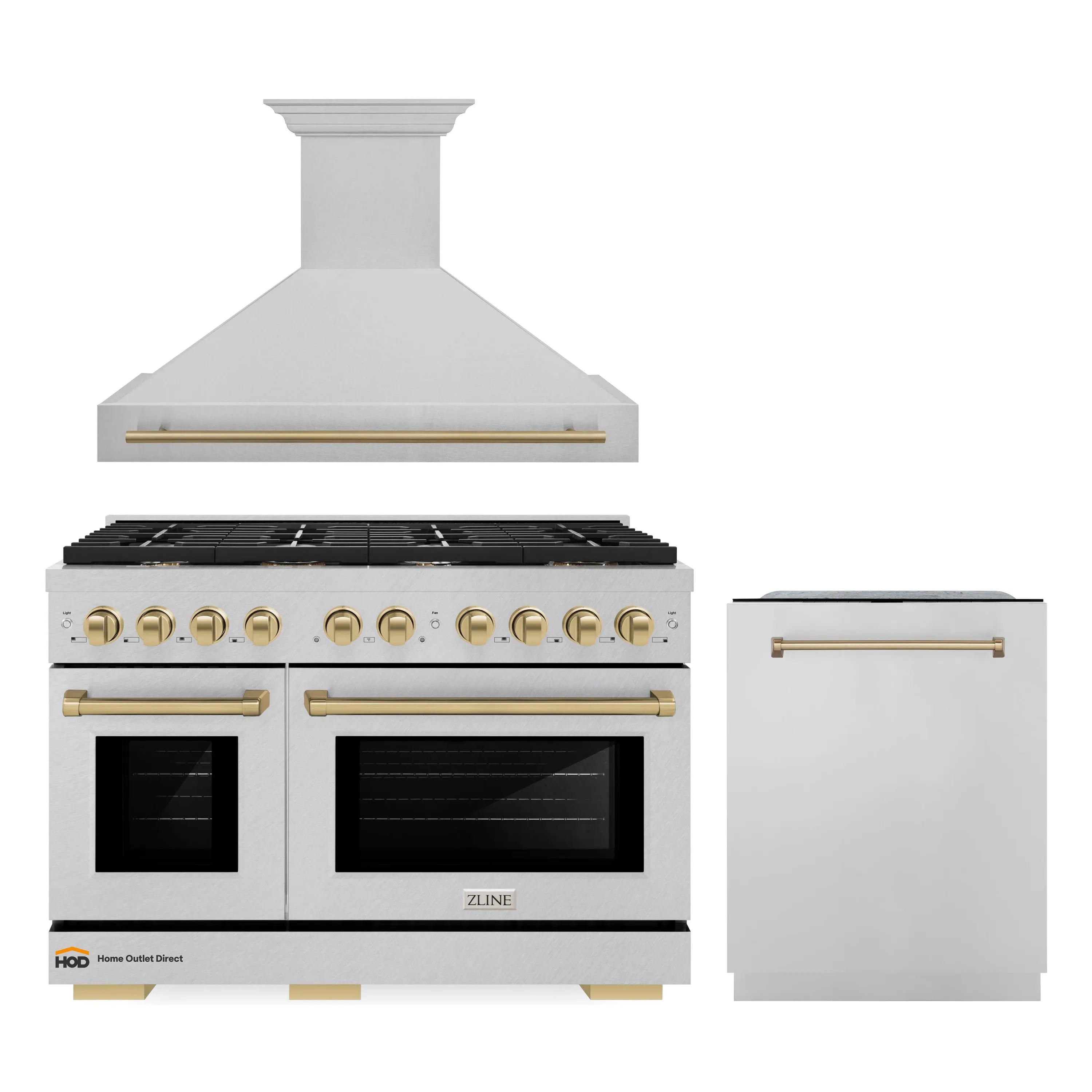 Kitchen appliance package with stainless gas range, wall hood, and dishwasher; bronze accents