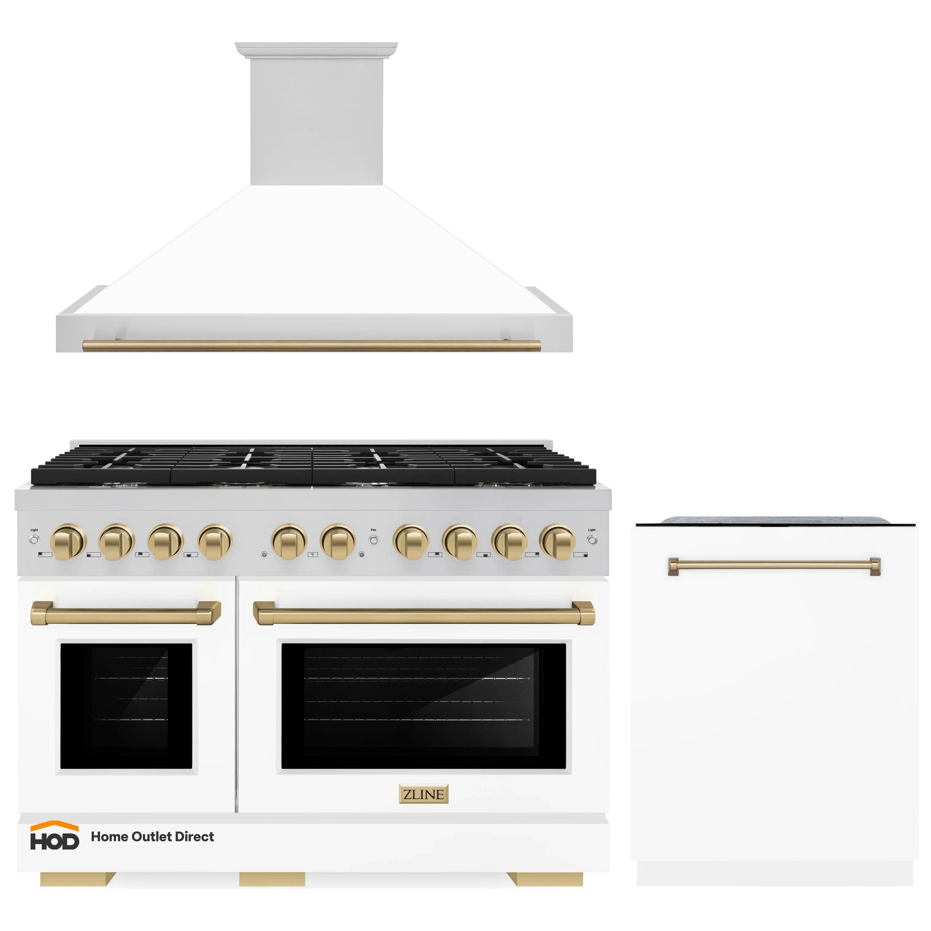 Stainless gas range with wall hood and white dishwasher door, champagne bronze accents