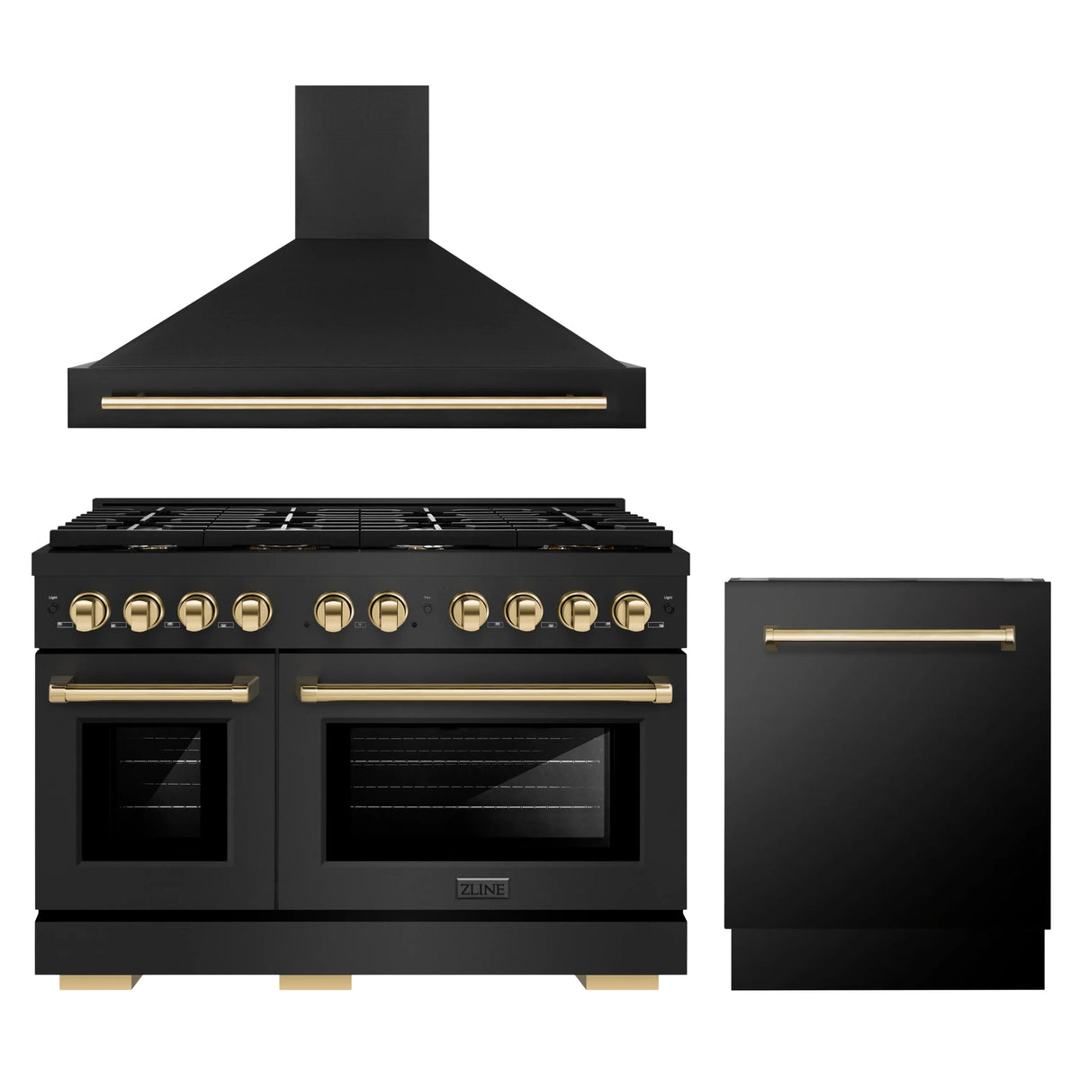 ZLINE Autograph Edition 3-Piece Appliance Package - 48-Inch Gas Range, Wall Mounted Range Hood, & 24-Inch Tall Tub Dishwasher in Black Stainless Steel with Gold Trim (3AKPR-SGRBRHDWV48-G)