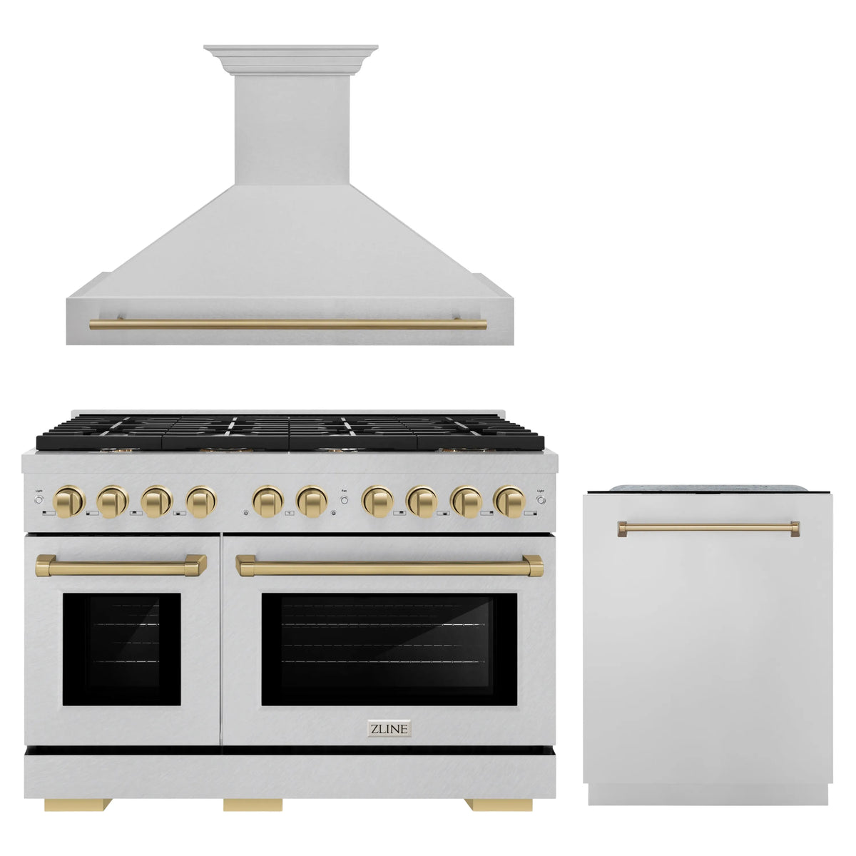 ZLINE 48-Inch Autograph Edition Kitchen Package with Satin Stainless Steel Gas Range, Wall Mount Range Hood and Dishwasher with Champagne Bronze Accents (3AKPR-SGRSRHDWM48-CB)