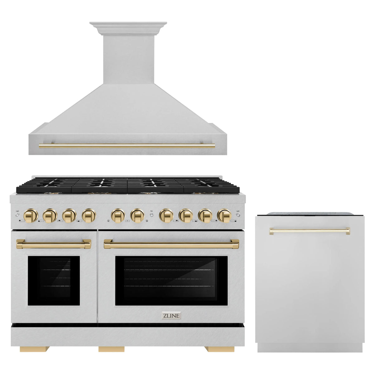 ZLINE 48-Inch Autograph Edition Kitchen Package with Satin Stainless Steel Gas Range, Wall Mount Range Hood and Dishwasher with Gold Accents (3AKPR-SGRSRHDWM48-G)