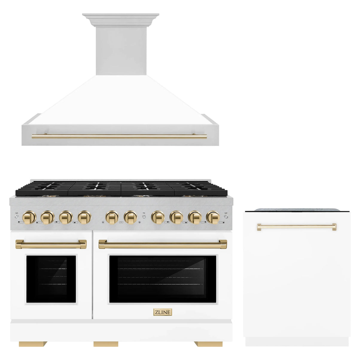 ZLINE 48-Inch Autograph Edition Kitchen Package with Satin Stainless Steel Gas Range, Wall Mount Range Hood and Dishwasher in White Matte and Gold Accents (3AKPR-SGRSWMRHDWM48-G)