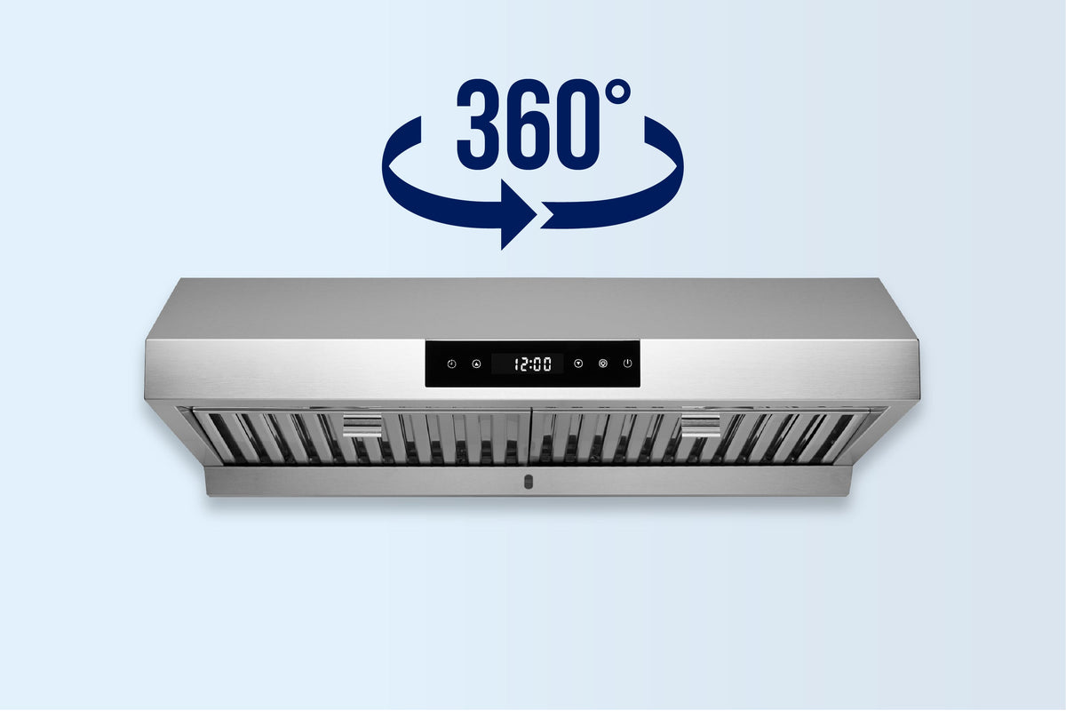 Stainless steel under-cabinet range hood with vented grille and control panel on front.