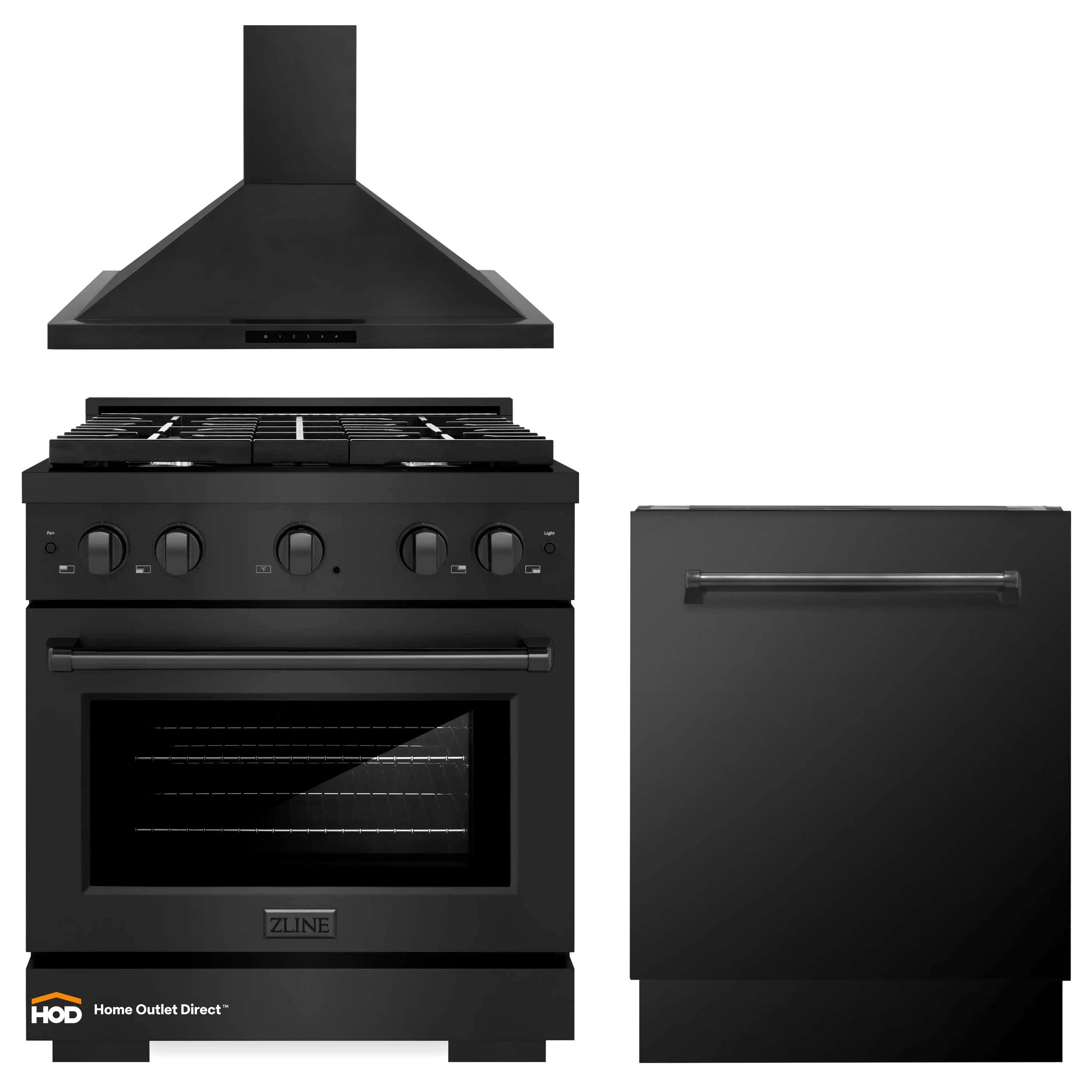 Black gas range with oven and hood, plus black dishwasher door