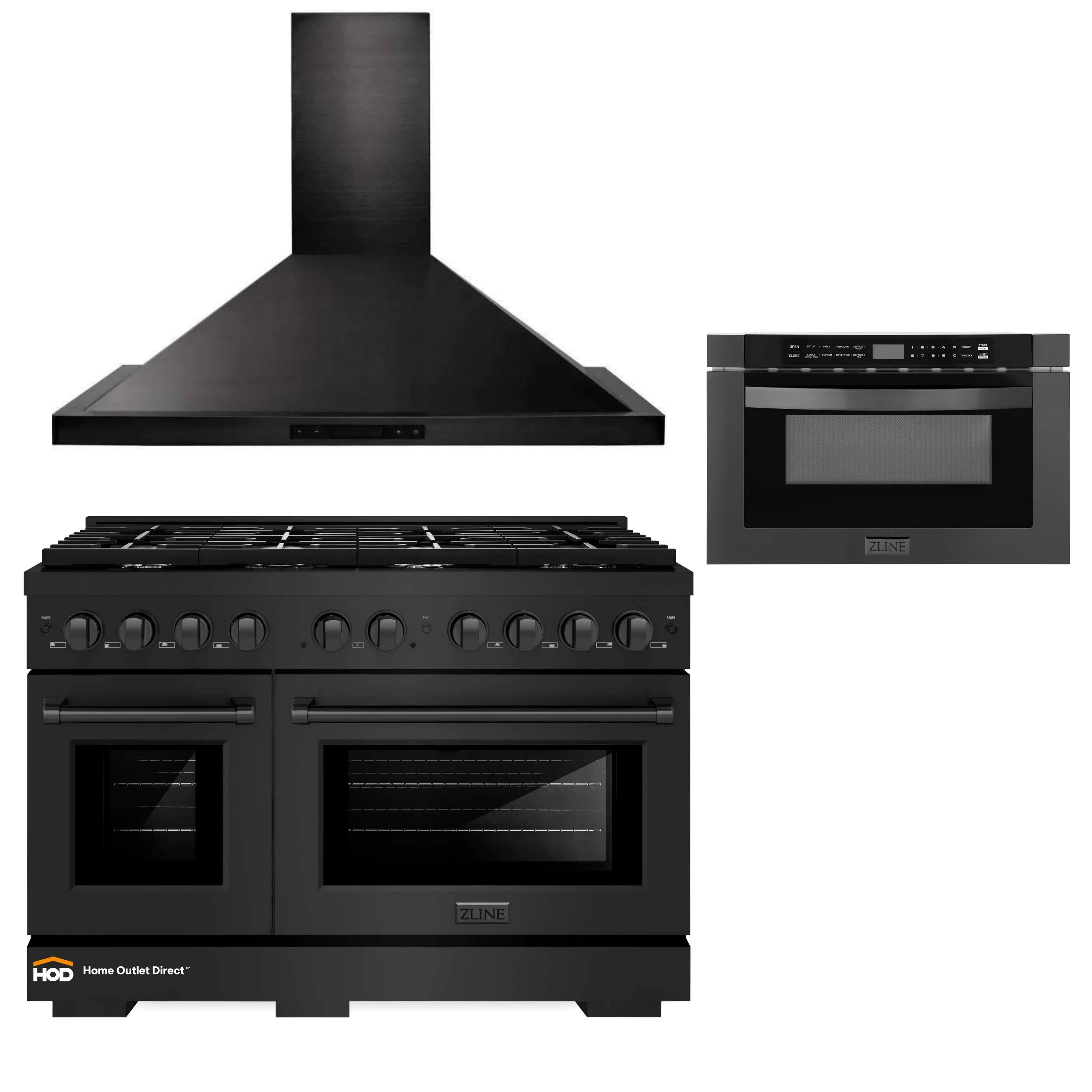 Black stainless gas range with central hood and built-in microwave drawer, 3-piece set