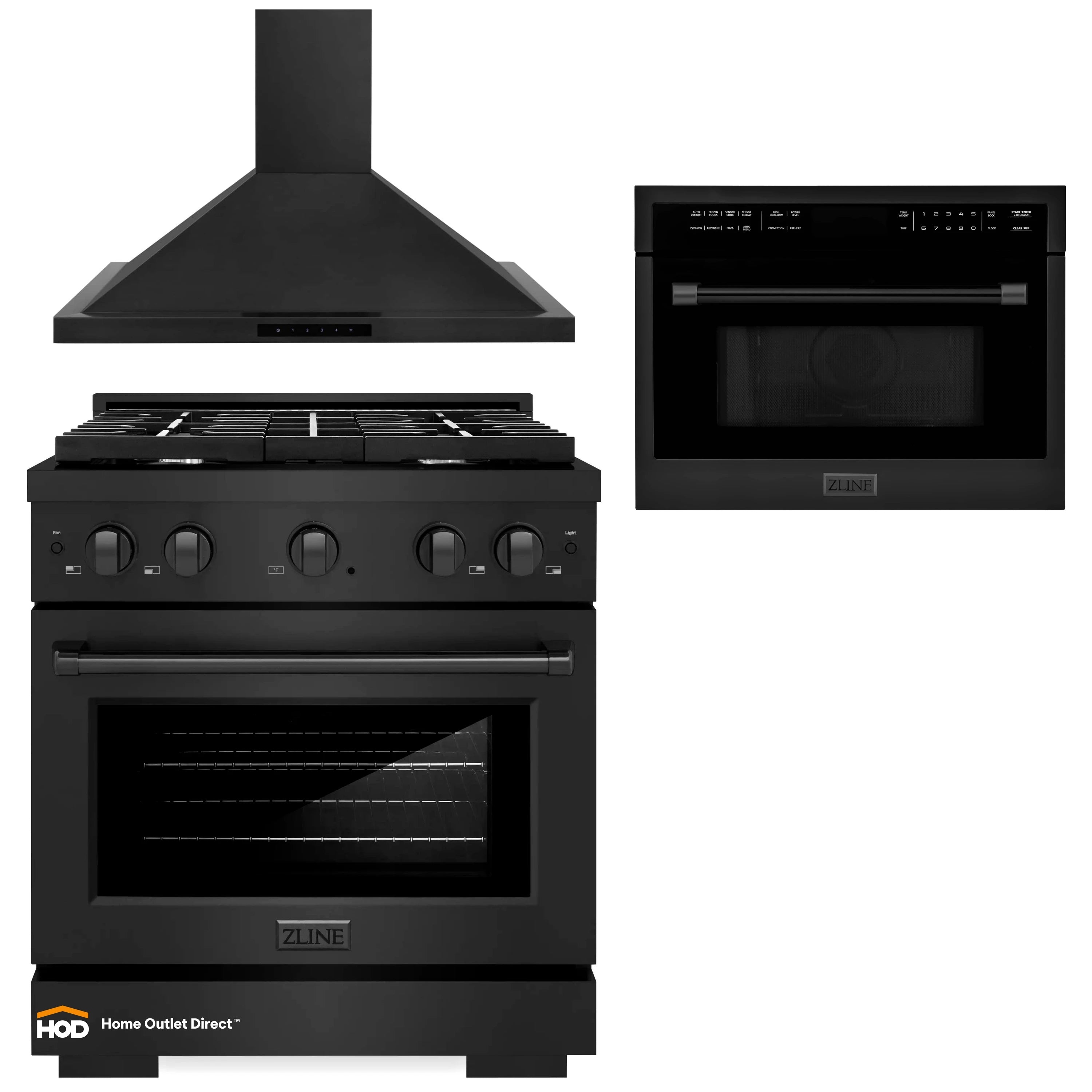 Black gas range with wall hood and built-in microwave oven, side-by-side view