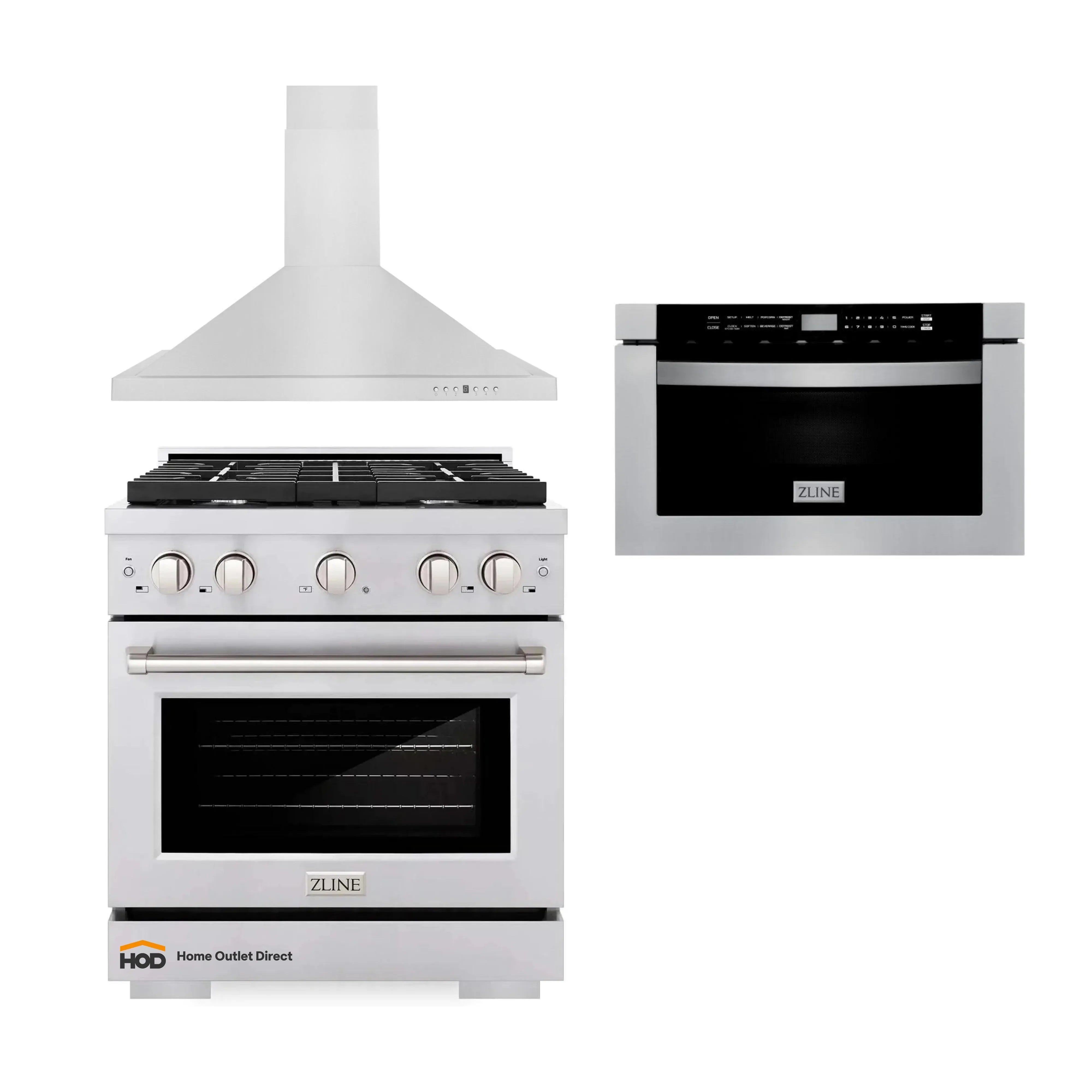 Stainless steel ZLINE kitchen appliance set with gas range, hood, and microwave drawer