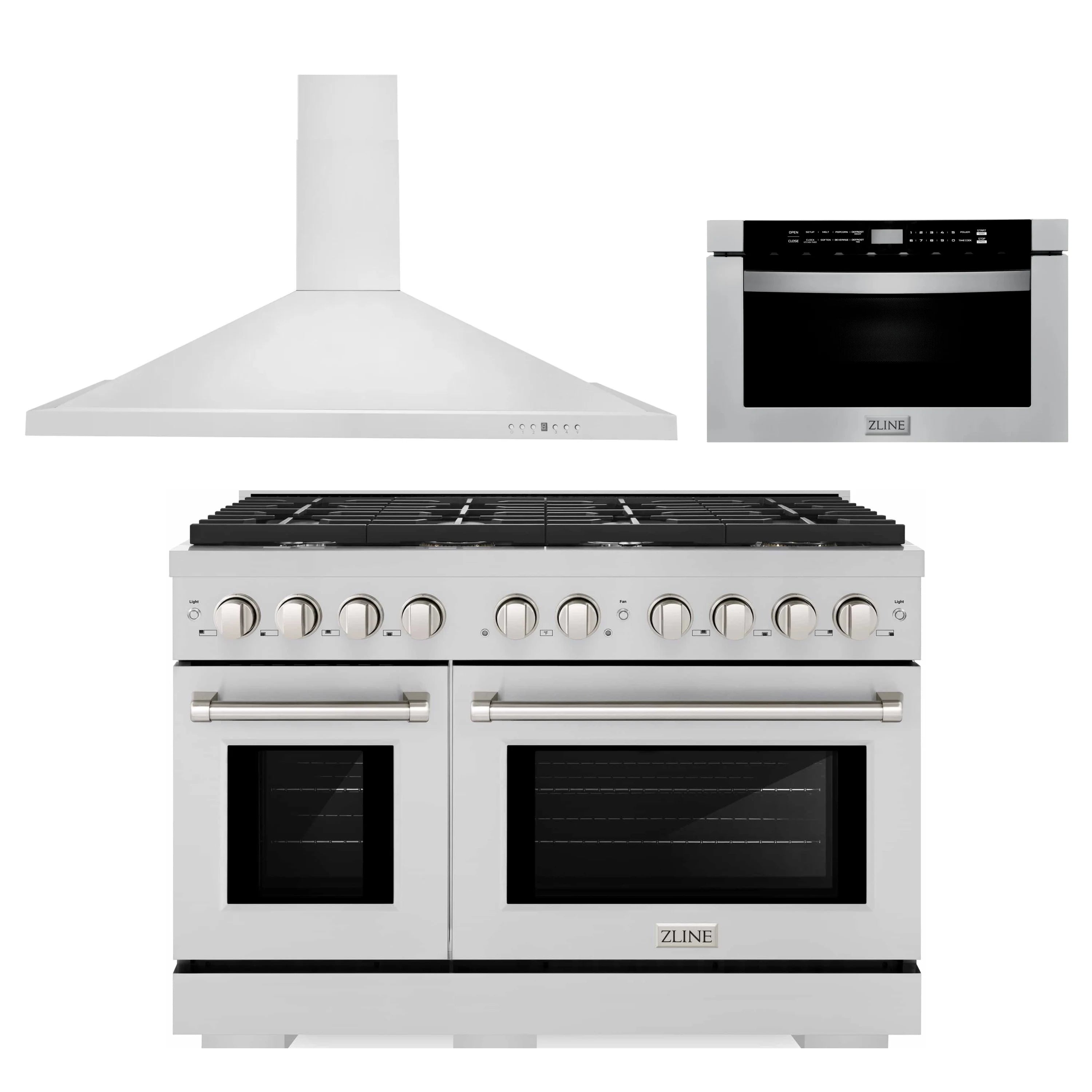 Stainless steel gas range with wall hood and microwave drawer, set with black doors