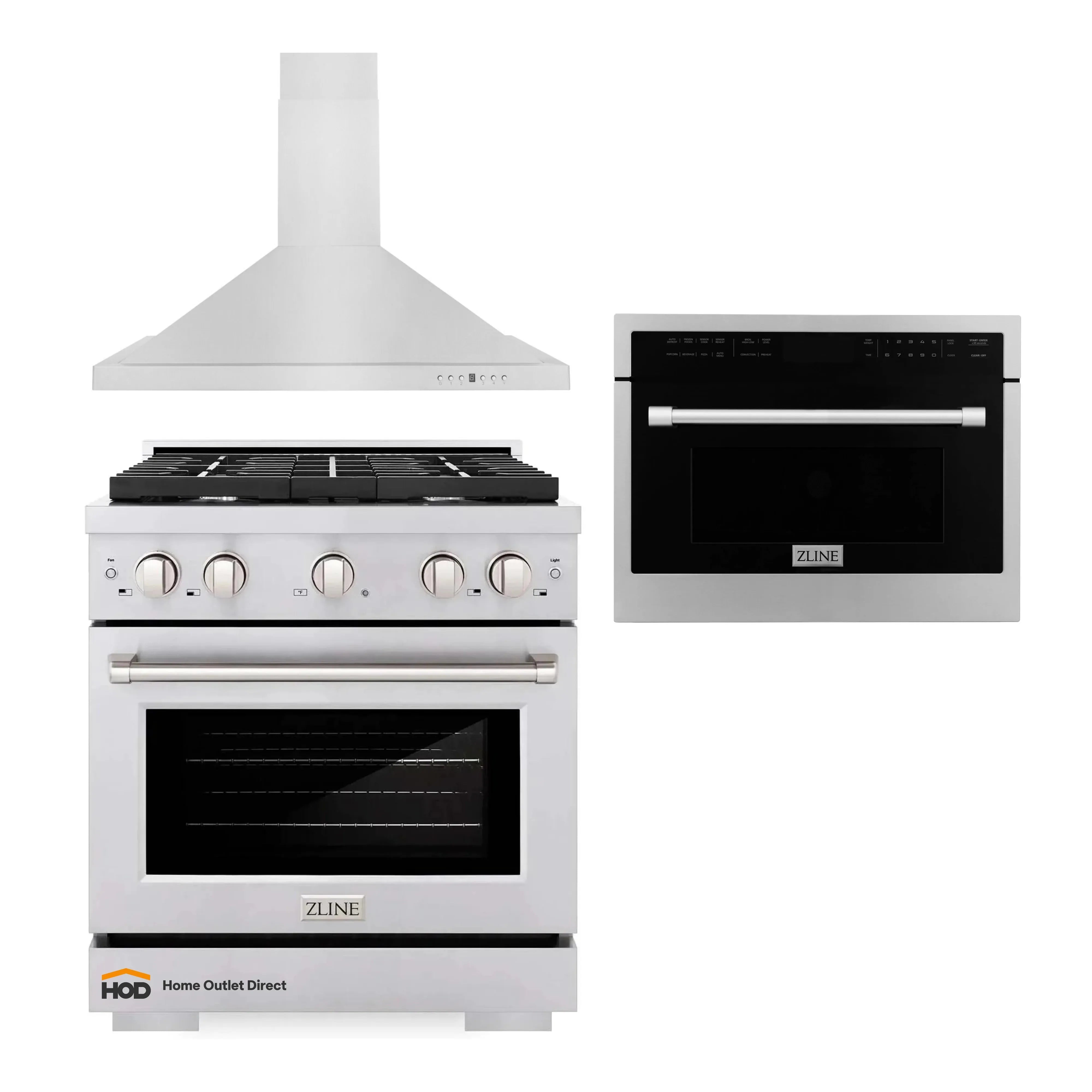 Stainless steel kitchen appliance set: gas range, microwave, and chimney hood