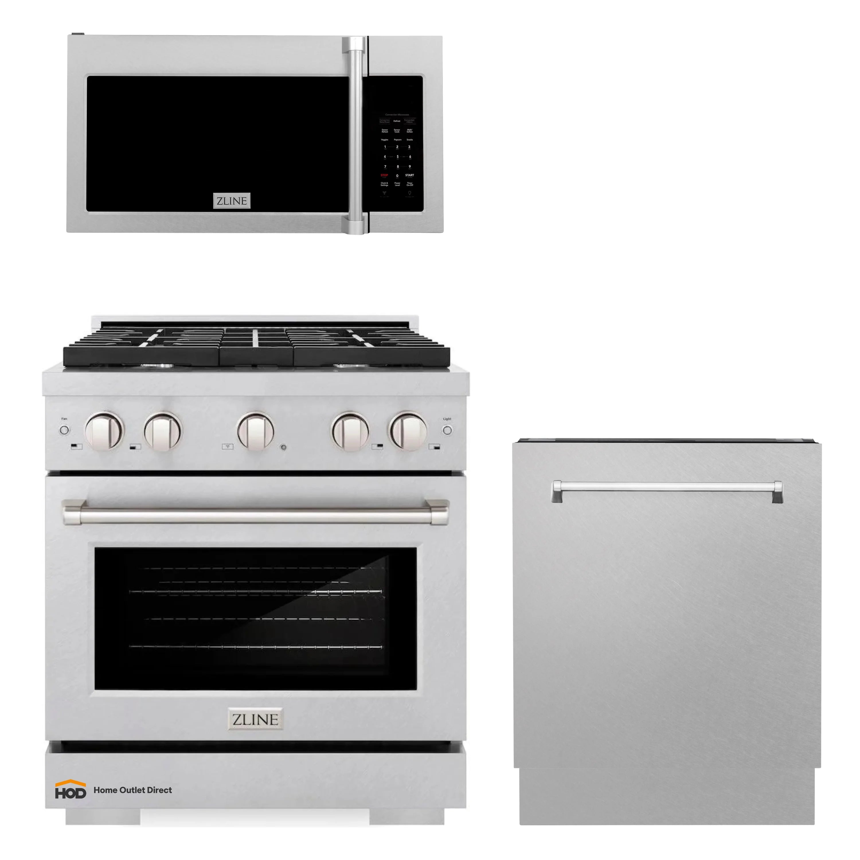 Stainless steel kitchen appliance package with microwave, gas range, and dishwasher