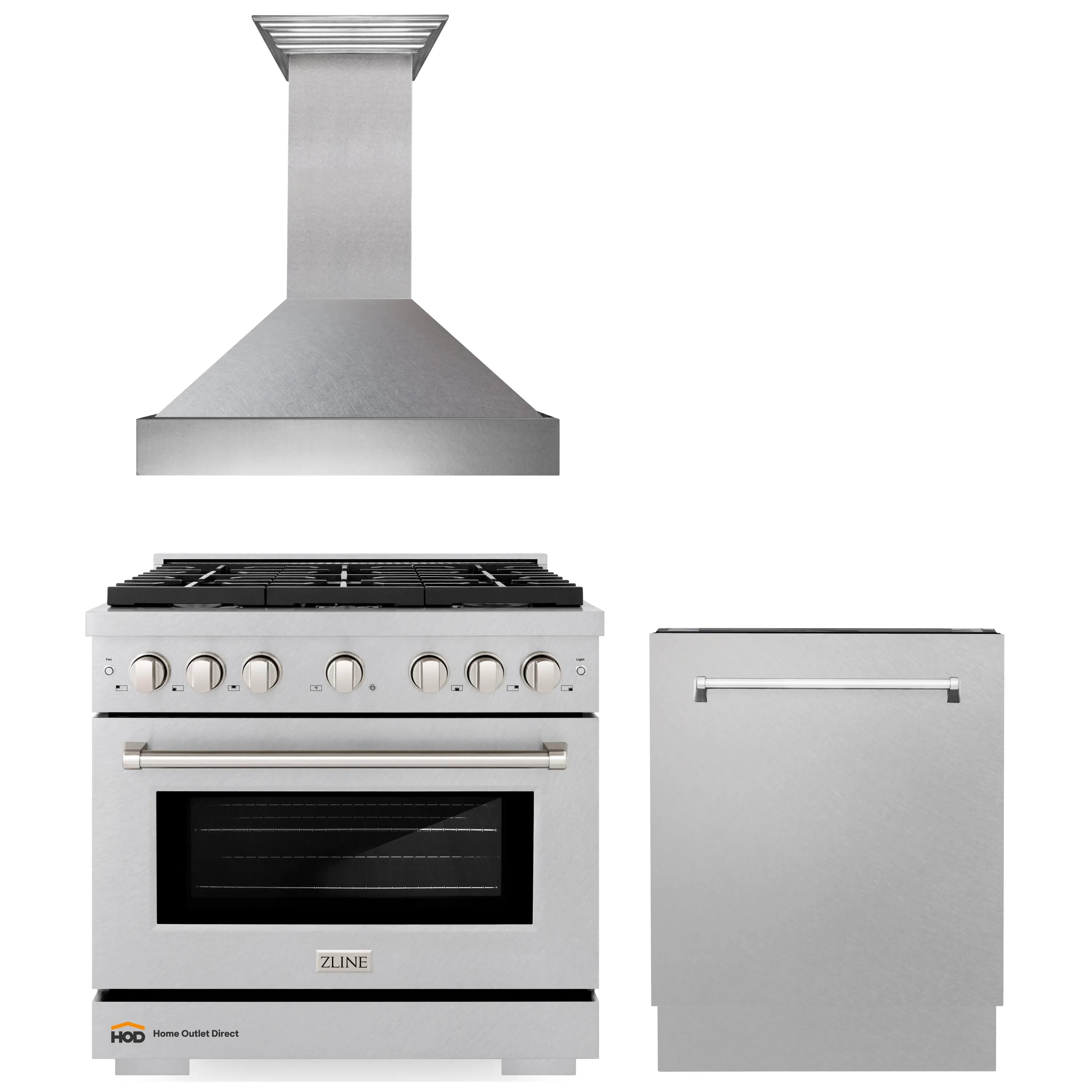 Stainless gas range with tall wall hood and tall tub dishwasher, satin finish