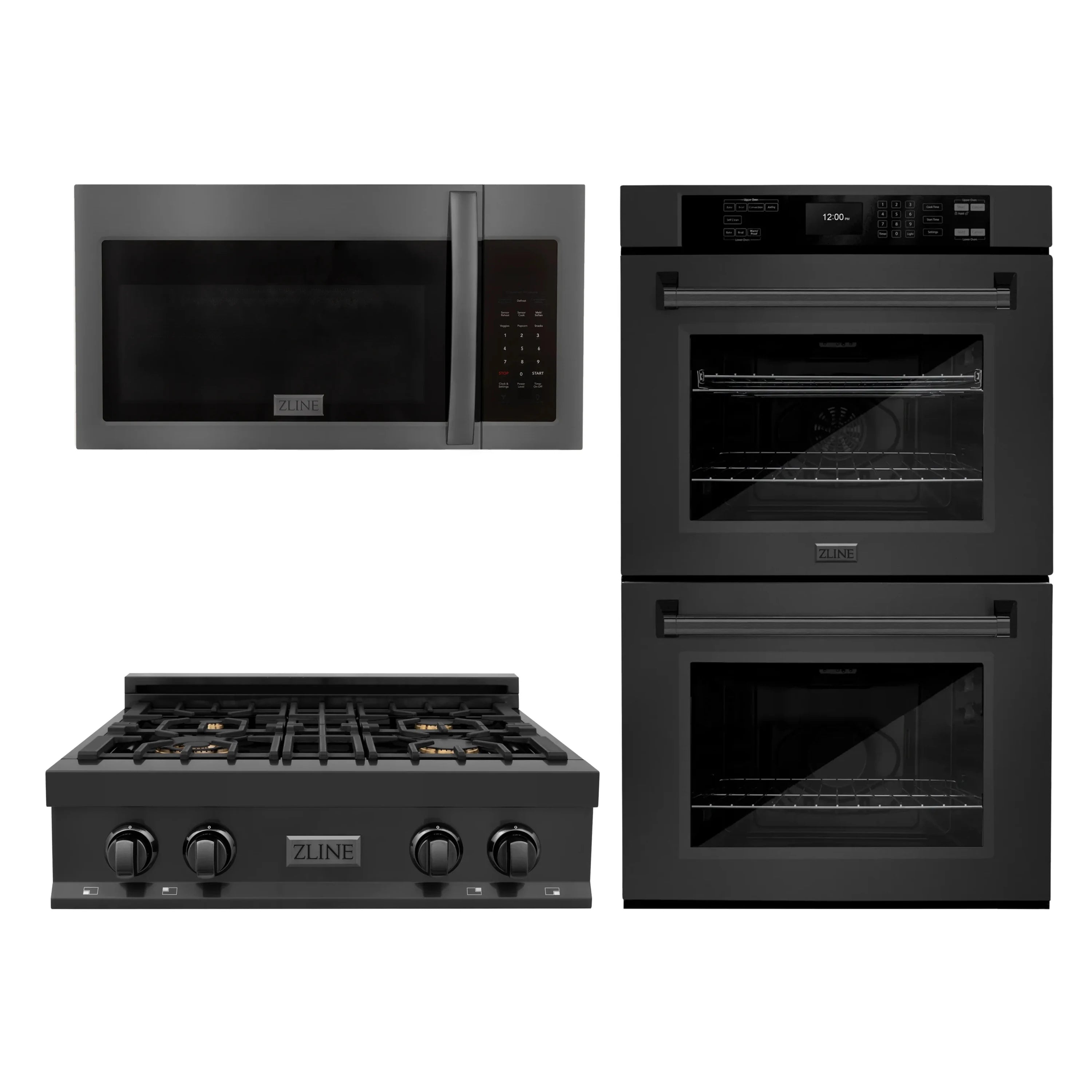 3-piece appliance package with black microwave, gas cooktop, and double wall oven