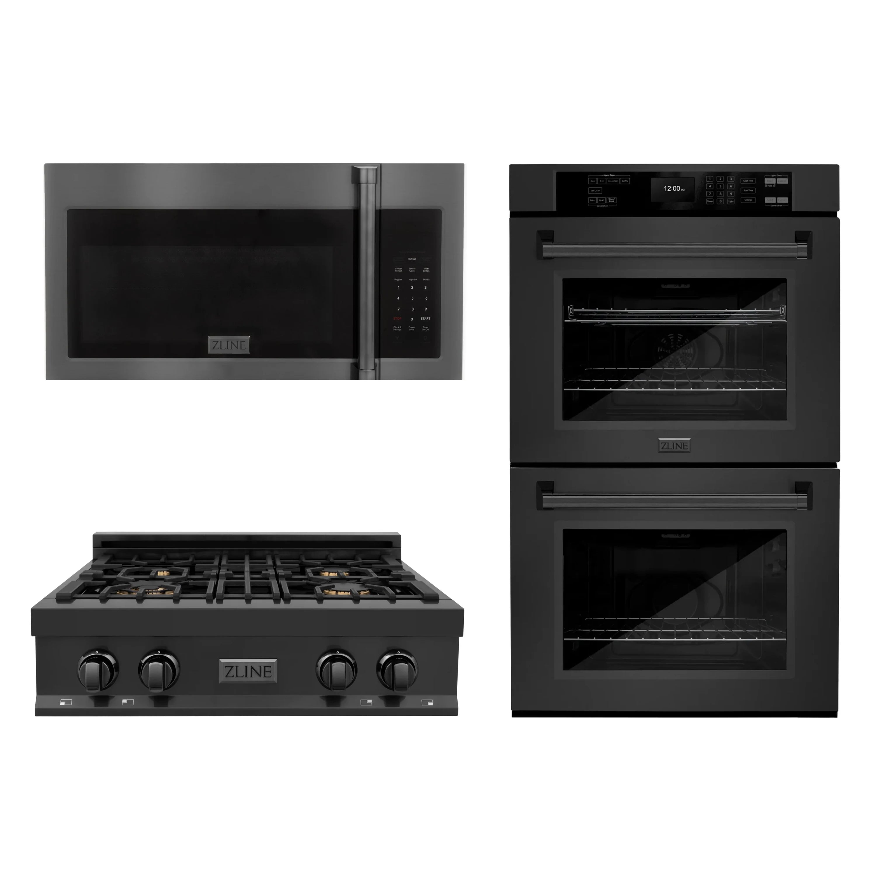 Black stainless 3-piece kitchen appliance set: microwave, range, and double wall oven