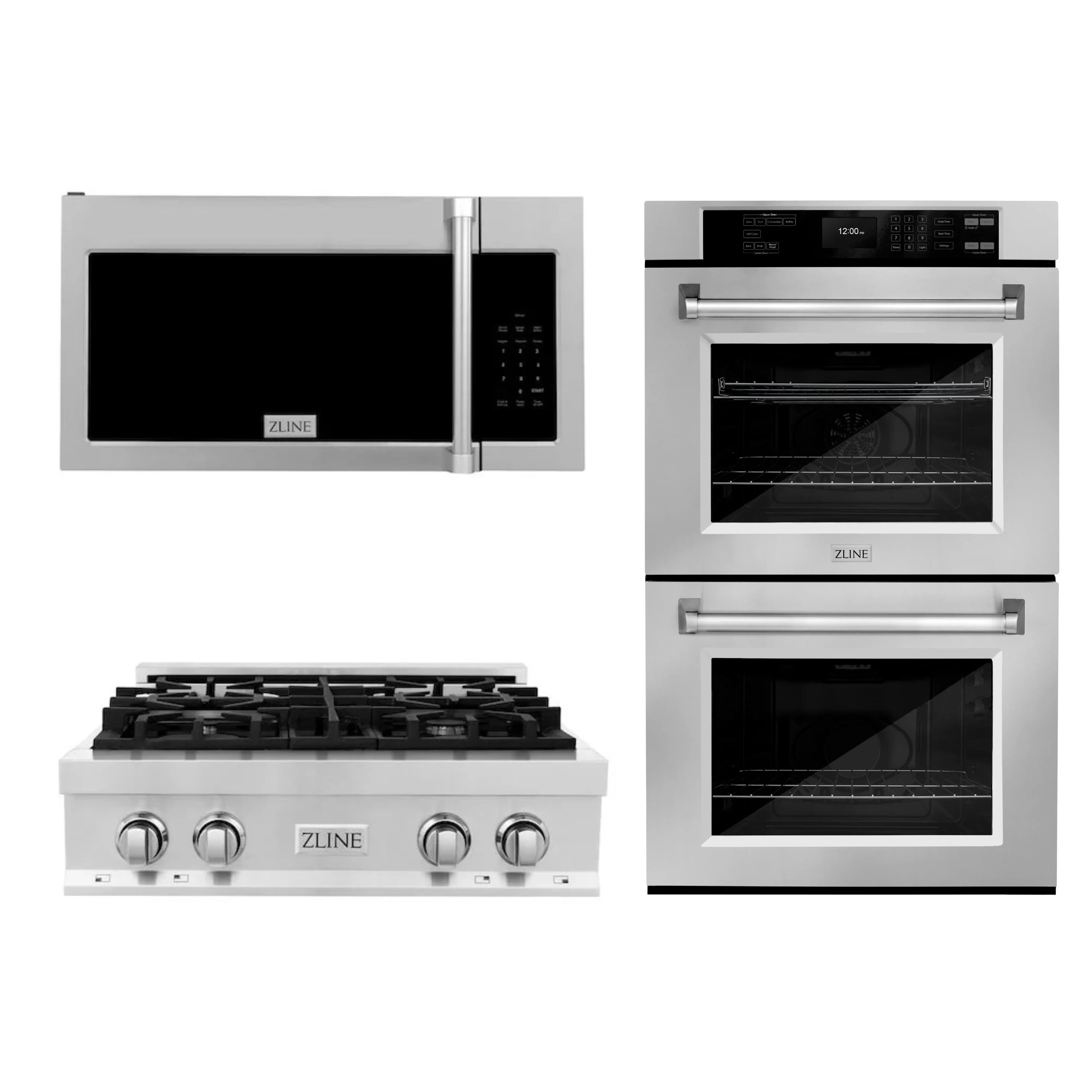 Stainless steel appliance package: over-the-range microwave, gas range, double wall ovens