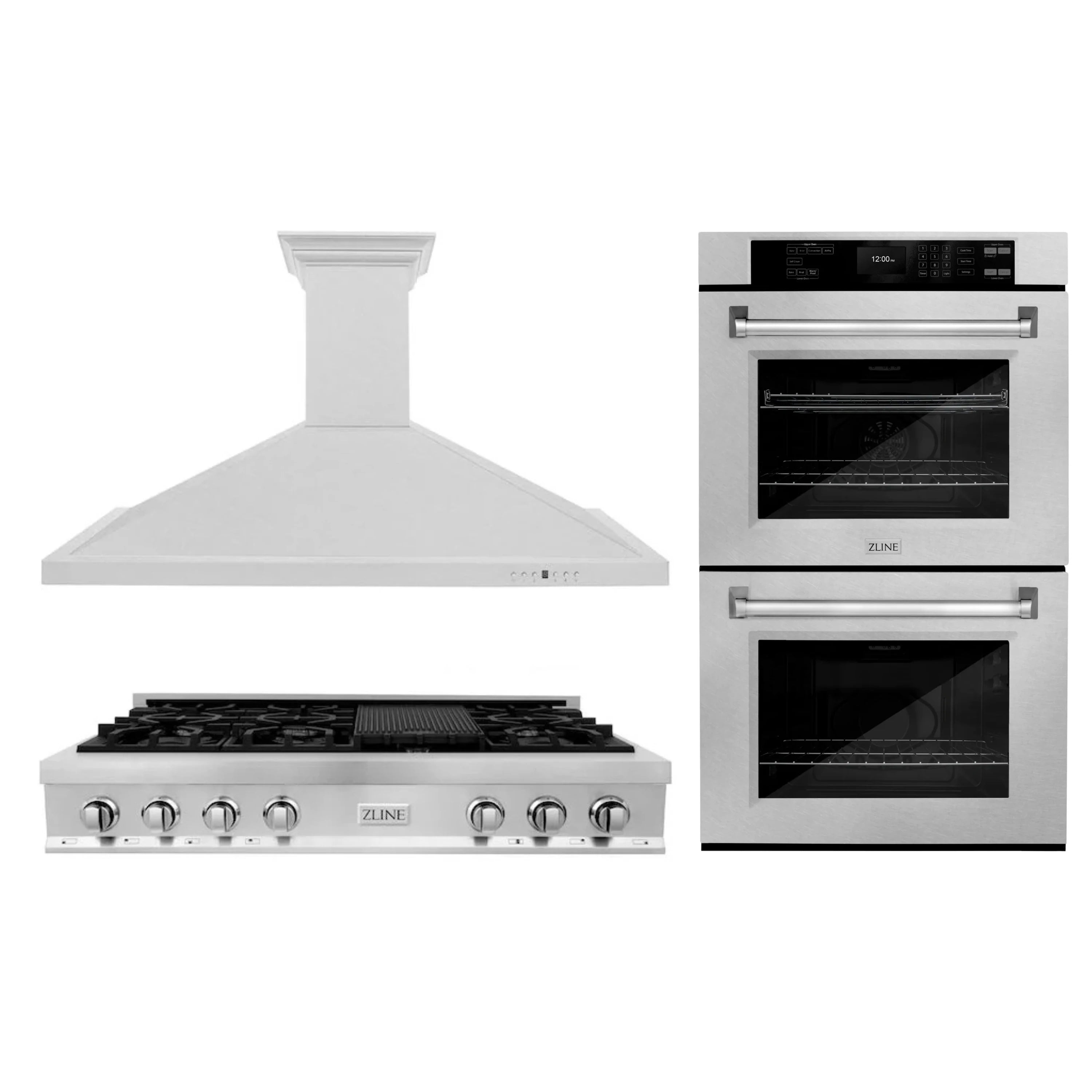 Stainless steel 3-piece set: range hood, gas rangetop, and double wall ovens